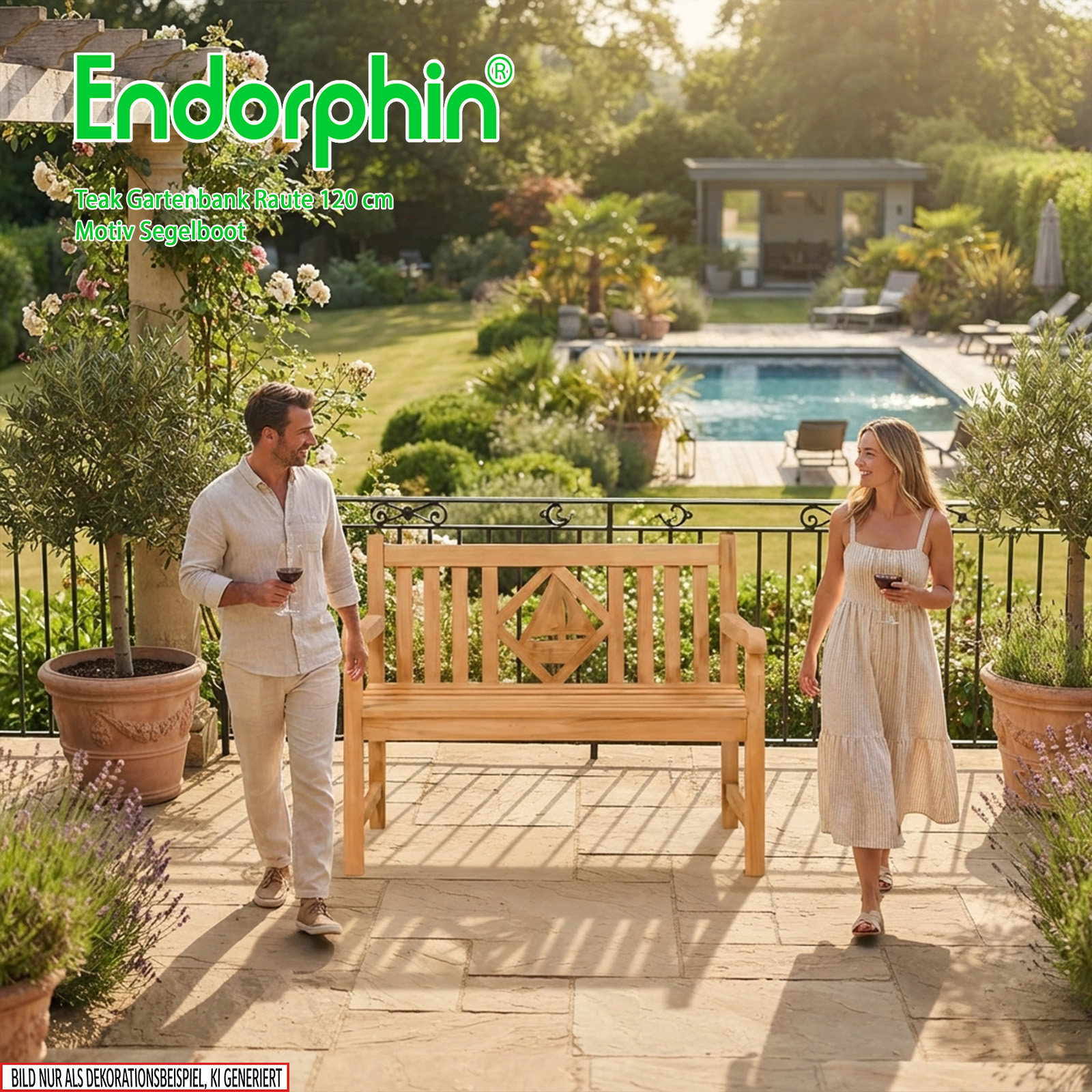 Endorphin Premium Teak Gartenbank 120 cm „Modell Raute“ mit Motiv Segelboot