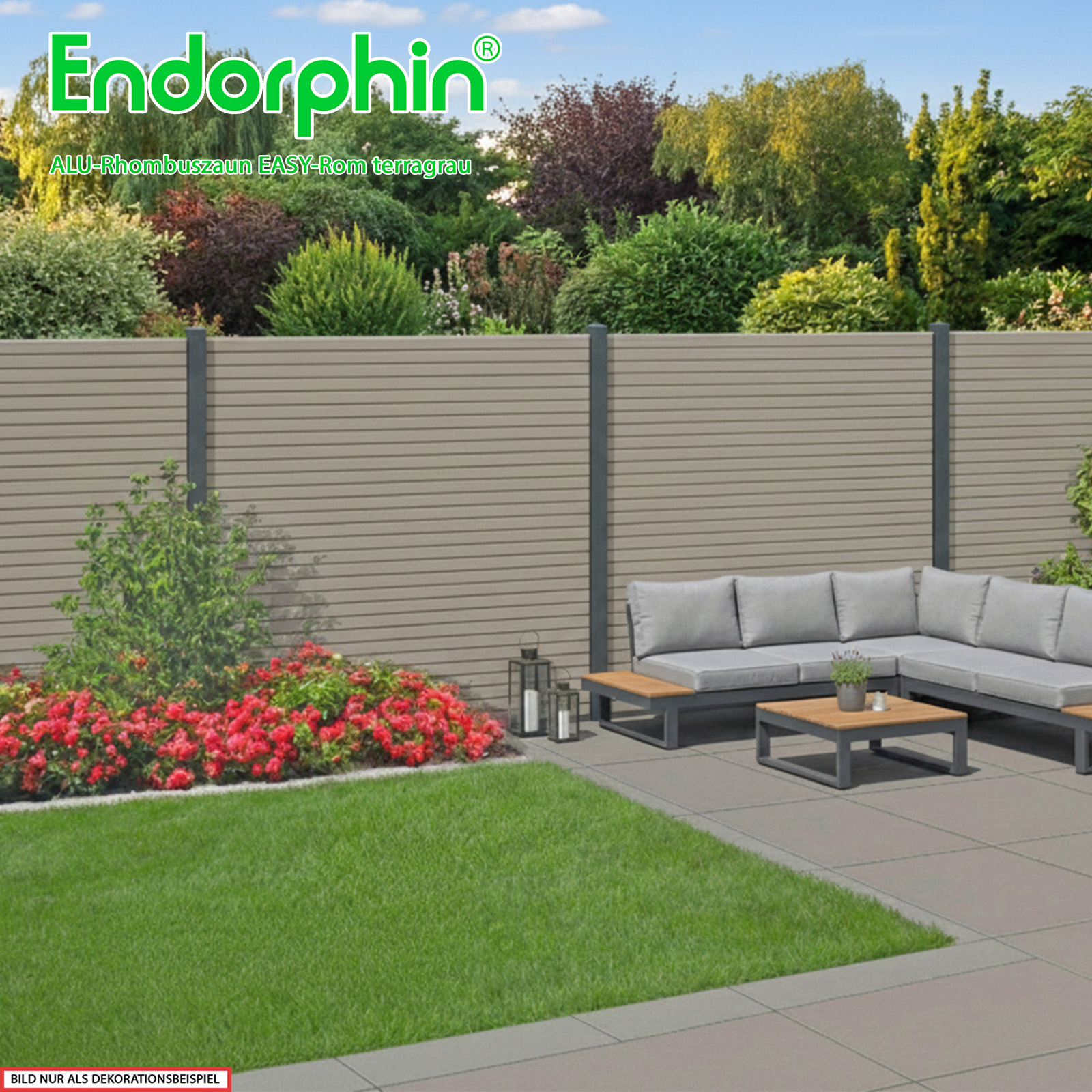 Endorphin EASY-ROM DIY ALU-Rhombuszaun in terragrau 5 Elemente 180x180cm 6 anthrazit Pfosten 7x7x235 cm