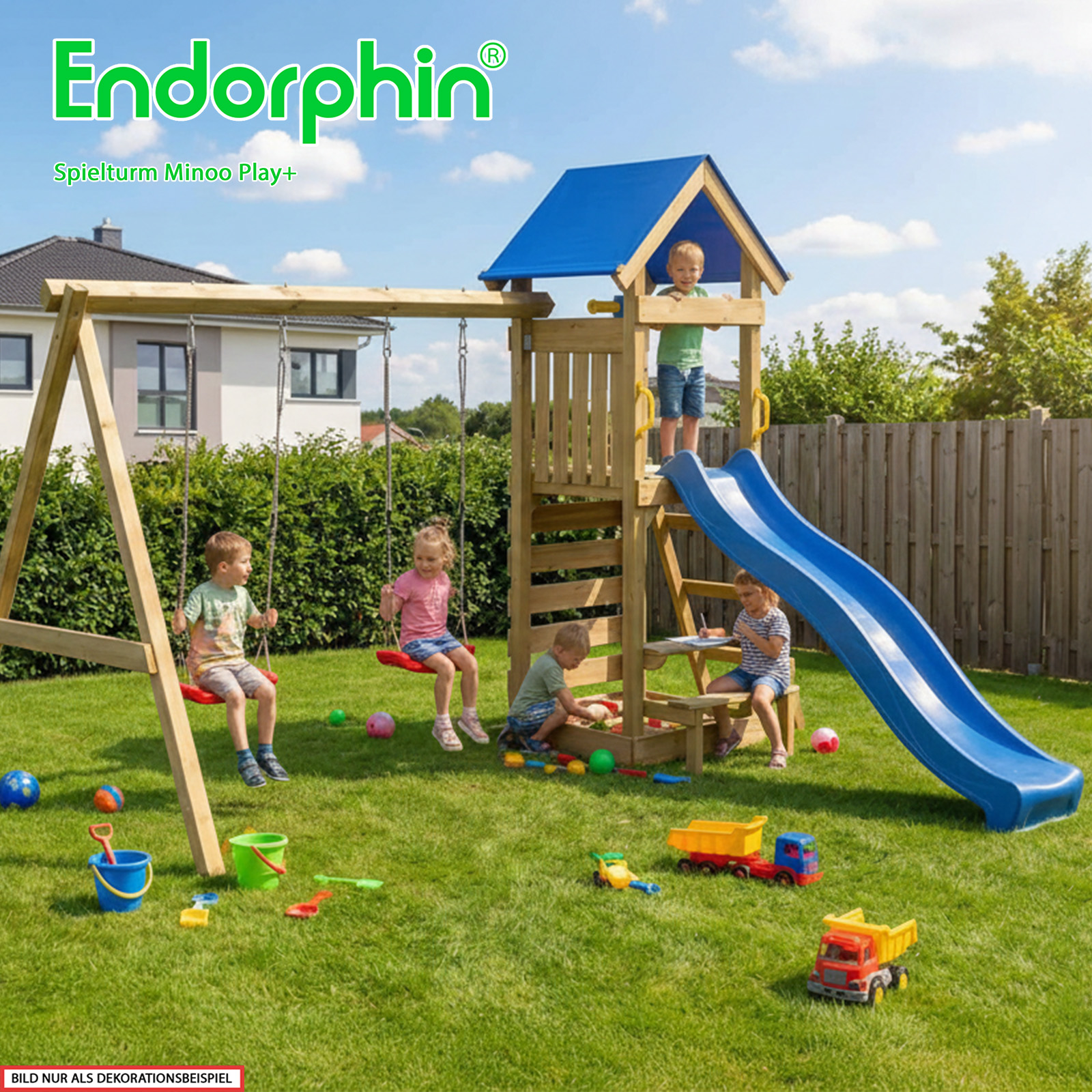 Endorphin Spielturm Minoo Play+ mit Dach Leiter Rutsche blau Schaukel Kletterwand Sandkasten Picknicktisch