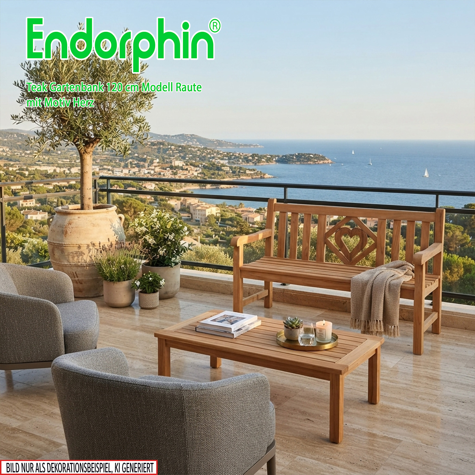 Endorphin Premium Teak Gartenbank 120 cm „Modell Raute“ mit Motiv Herz