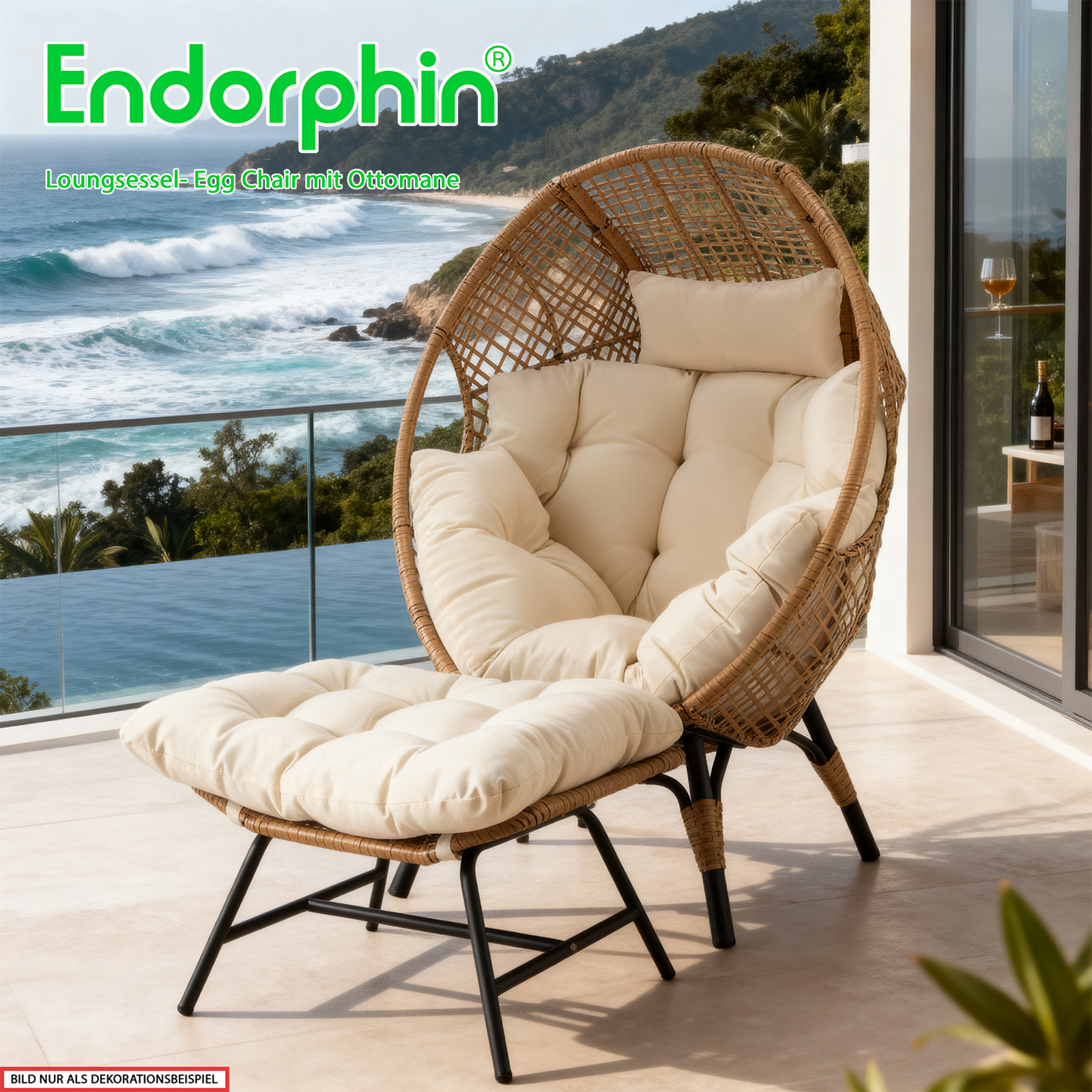 Endorphin Loungesessel Egg Chair, Gartenmöbel, Korbsessel für drinnen u. draußen m. Kissen u. Hocker/Ottomane Gartensessel