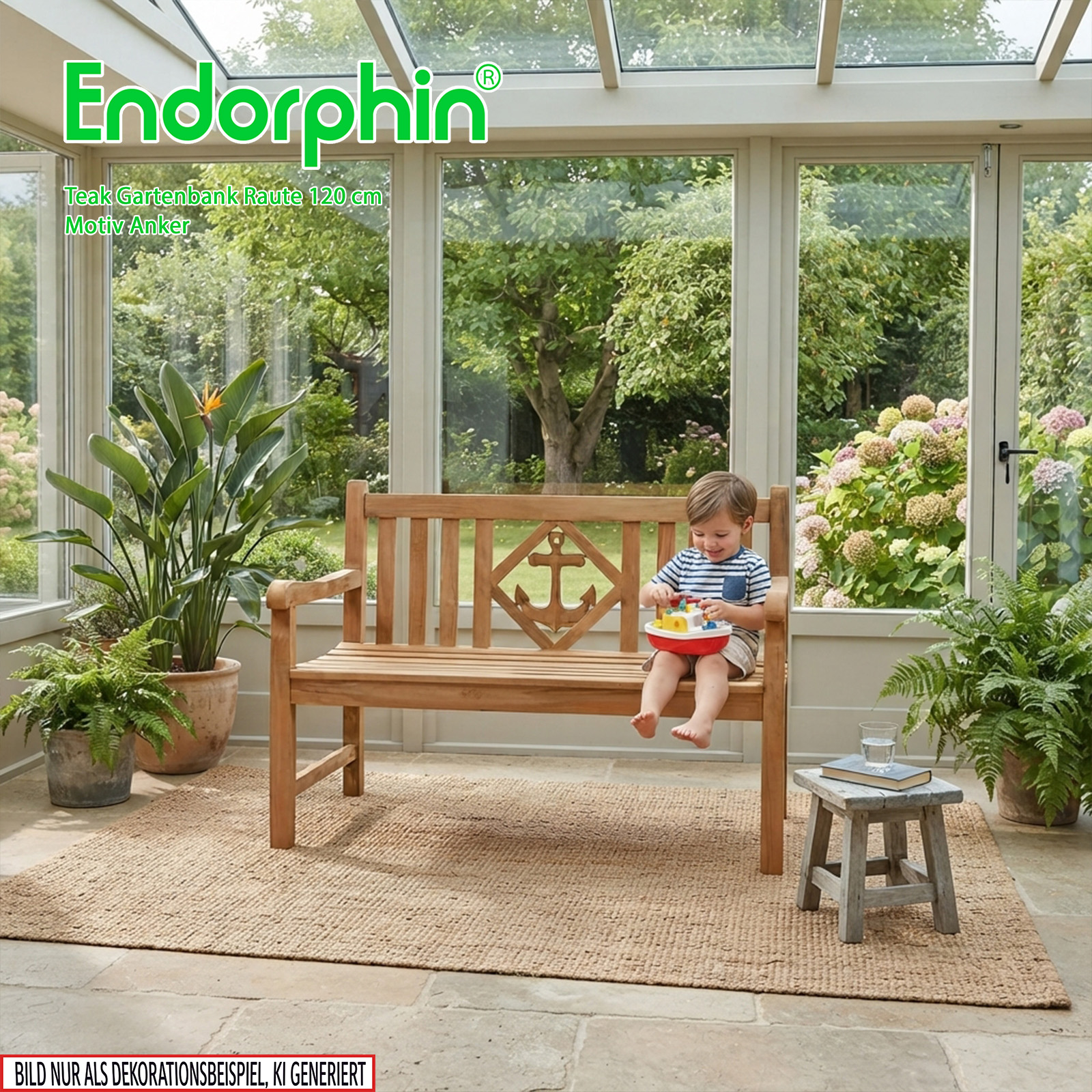 Endorphin Premium Teak Gartenbank 120 cm „Modell Raute“ mit Motiv Anker