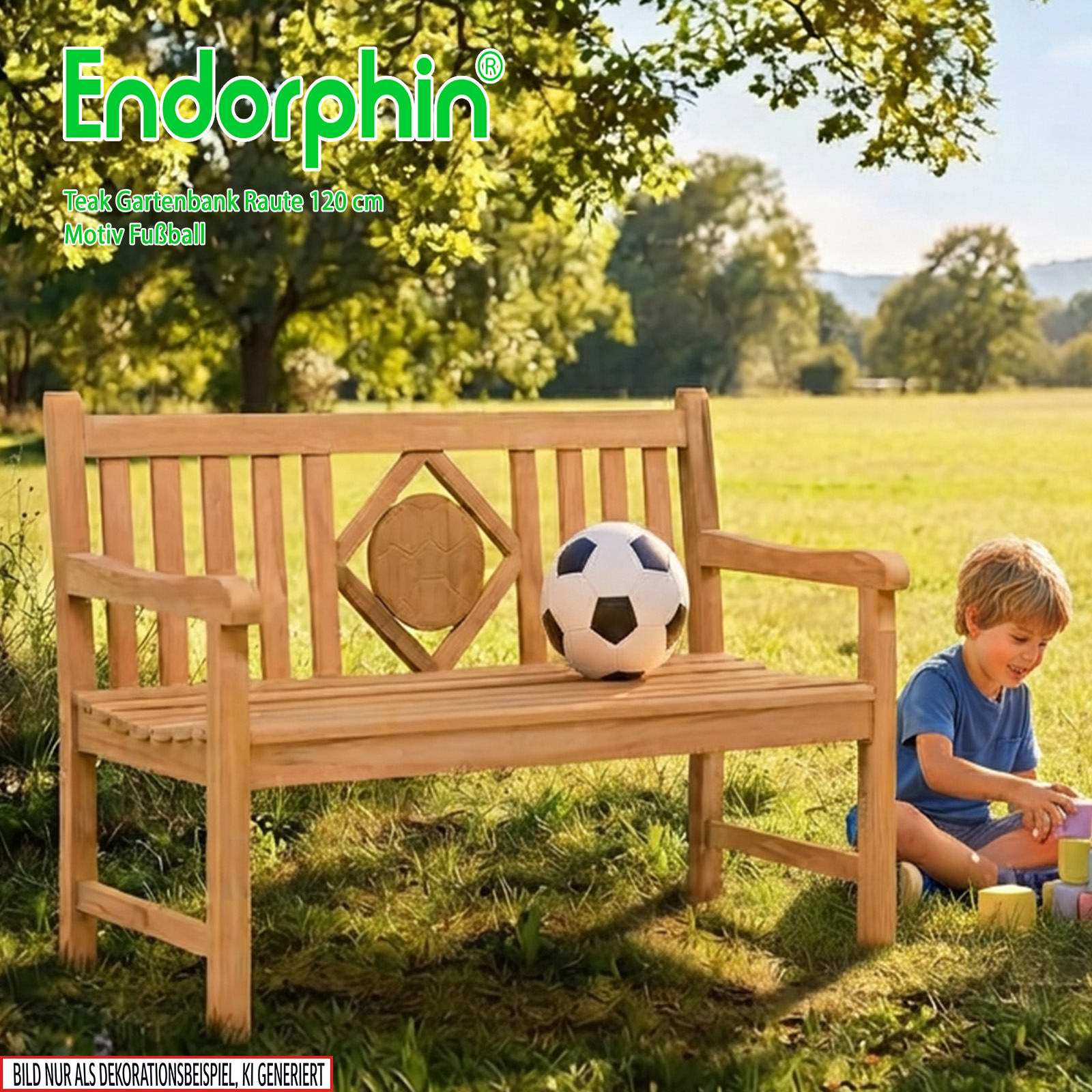 Endorphin Premium Teak Gartenbank 120 cm „Modell Raute“ mit Motiv Fußball
