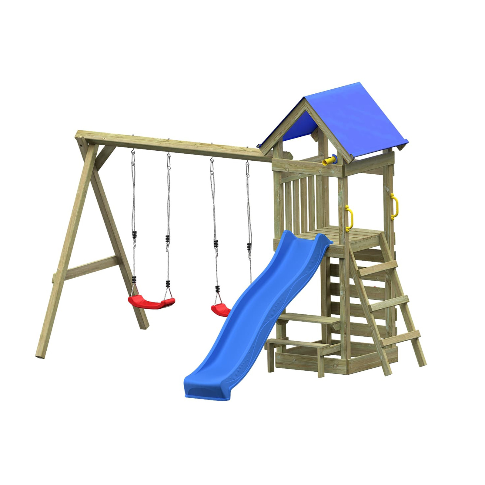 Endorphin Spielturm Minoo Play+ mit Dach Leiter Rutsche blau Schaukel Kletterwand Sandkasten Picknicktisch
