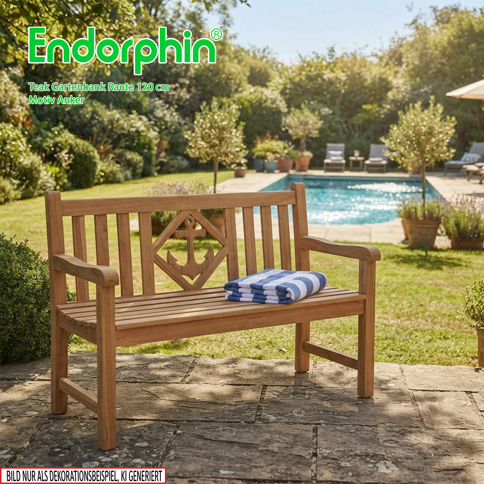 Endorphin Premium Teak Gartenbank 120 cm „Modell Raute“ mit Motiv Anker