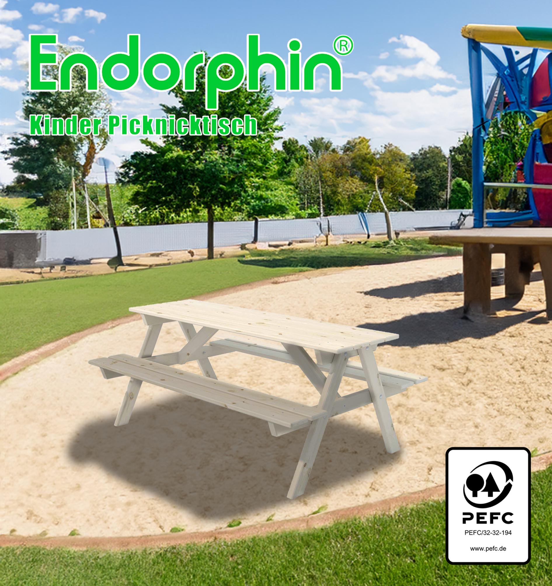 Endorphin Kinder Picknicktisch, kammergetrocknetes Kiefernholz, Picknickbank für Kinder, Kindermöbel für draußen, wetterfester Kindertisch, Gartenmöbel für Kinder, 117cm lang