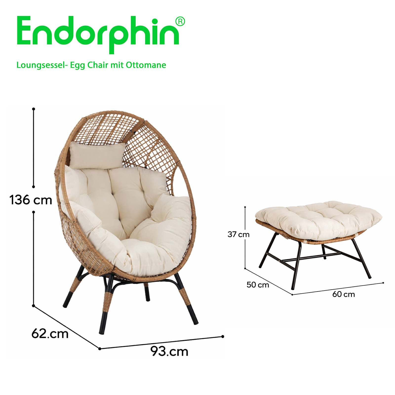 Endorphin Loungesessel Egg Chair, Gartenmöbel, Korbsessel für drinnen u. draußen m. Kissen u. Hocker/Ottomane Gartensessel