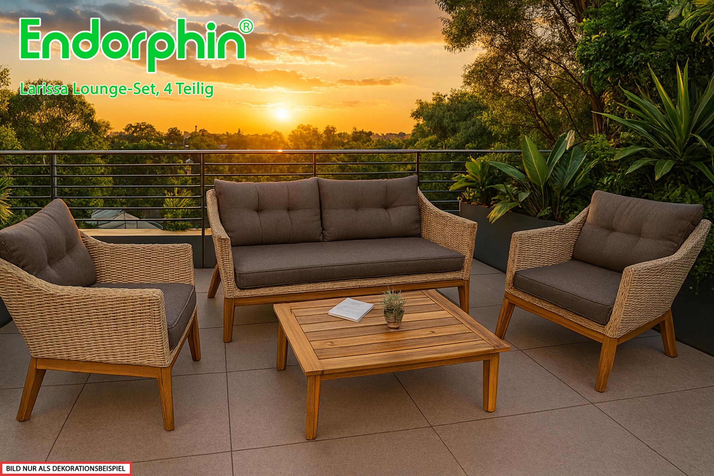 Endorphin Larissa Lounge-Set 4 tlg. 2 Sessel 1 Sofa 1 Tisch Polyrattan Akazie im teakholz look Gartenmöbel Gartengarnitur