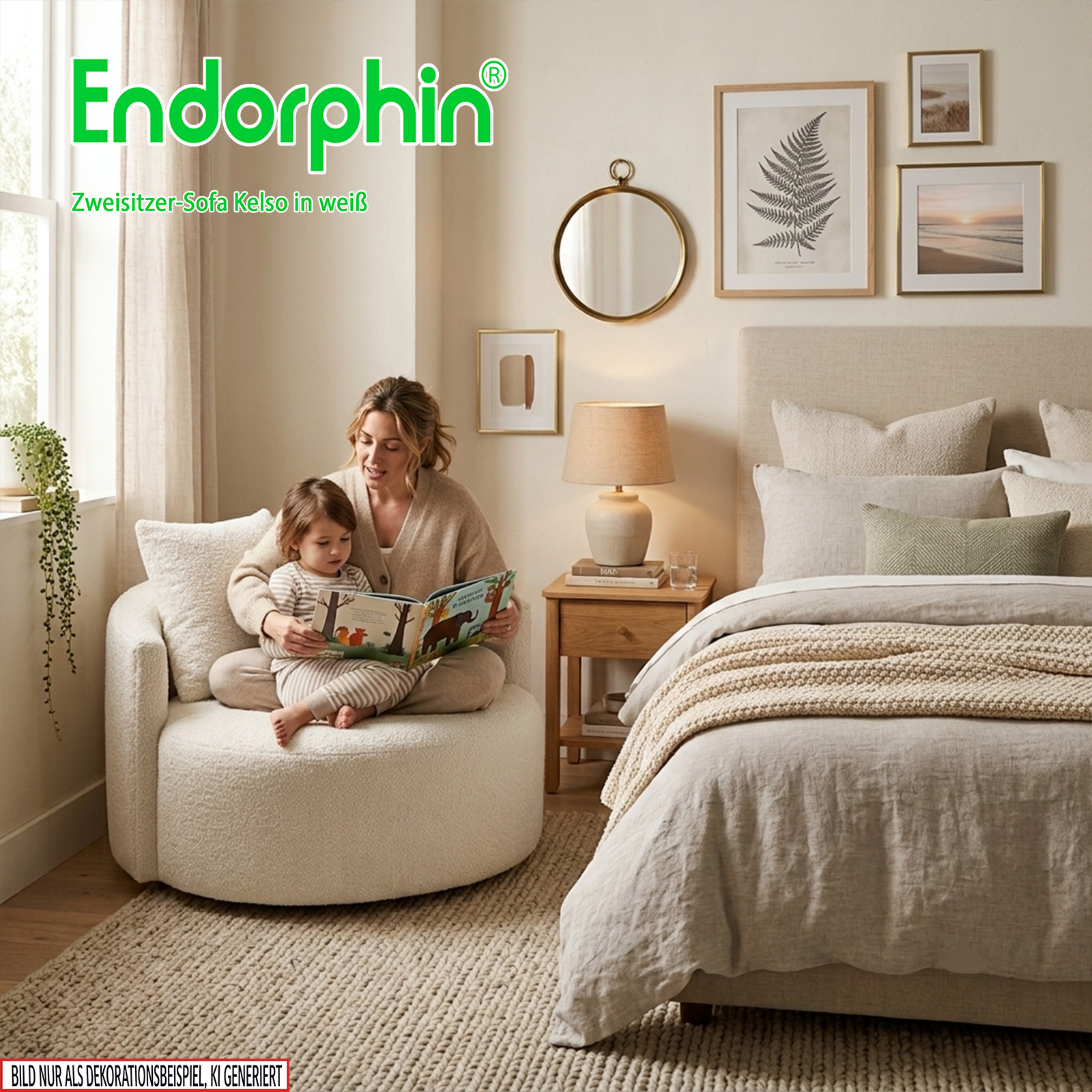 Endorphin 2er Sofa Kelso – in weiß, Exklusives Designer-Sofa mit Teddy-Bezug