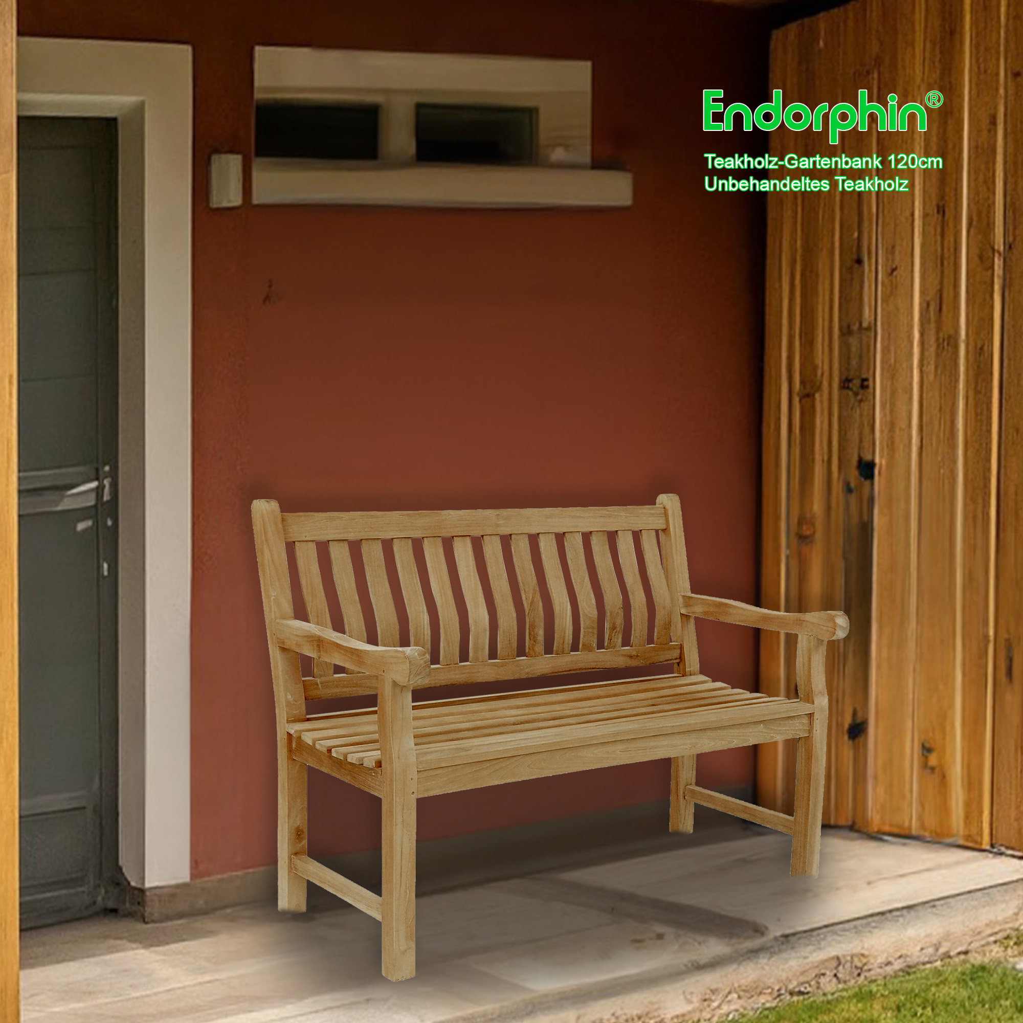 Endorphin Gartenbank Breite 120 cm, Parkbank, Teakholz Bank, nachhaltig, wetterfest, Kernholz, ergonomisch