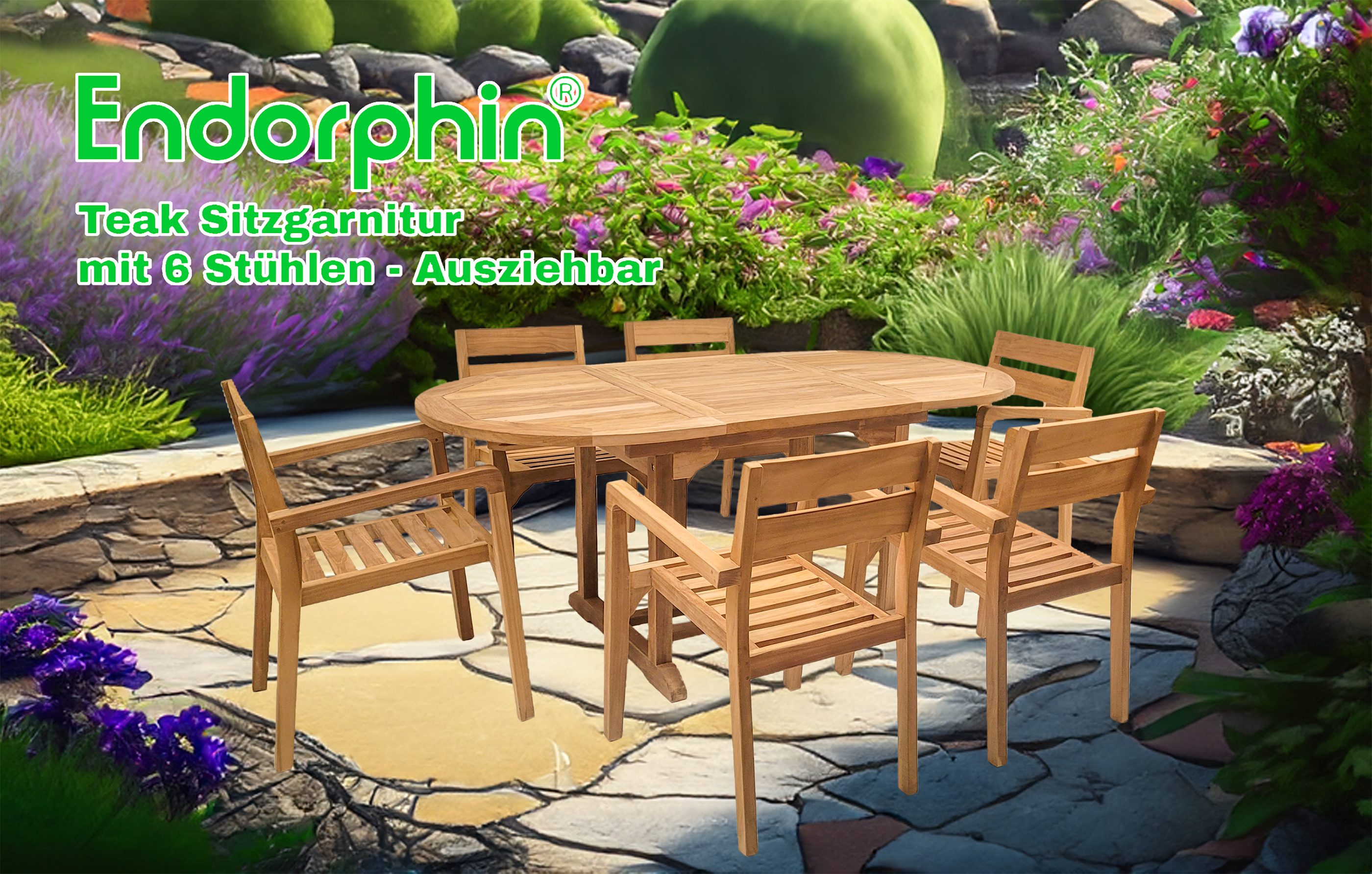 Endorphin Gartenmöbel Set 7tlg. Teakholz, Tisch oval 180cm, ausziehbar mit 6 Stühlen stapelbar