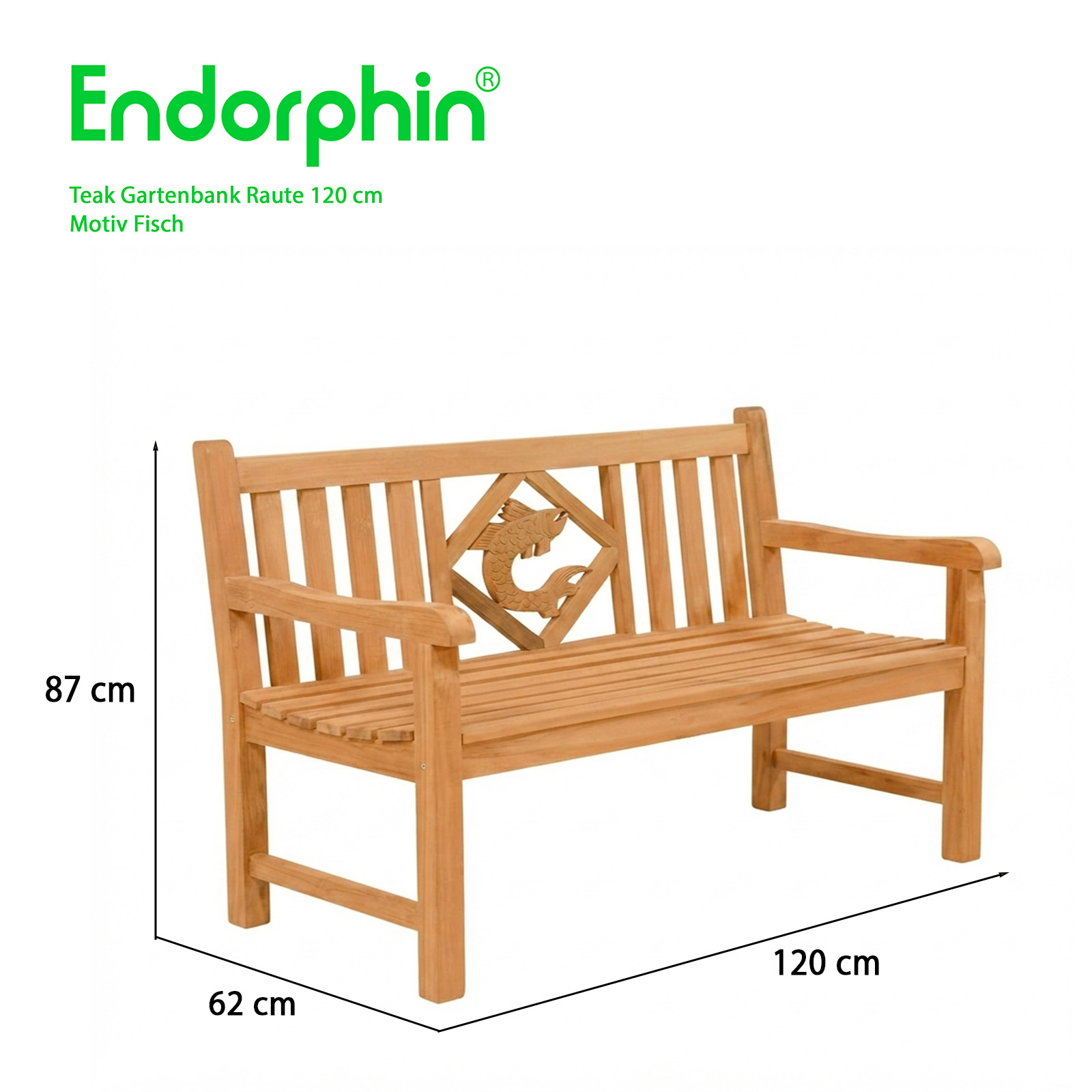 Endorphin Premium Teak Gartenbank 120 cm „Modell Raute“ mit Motiv Fisch