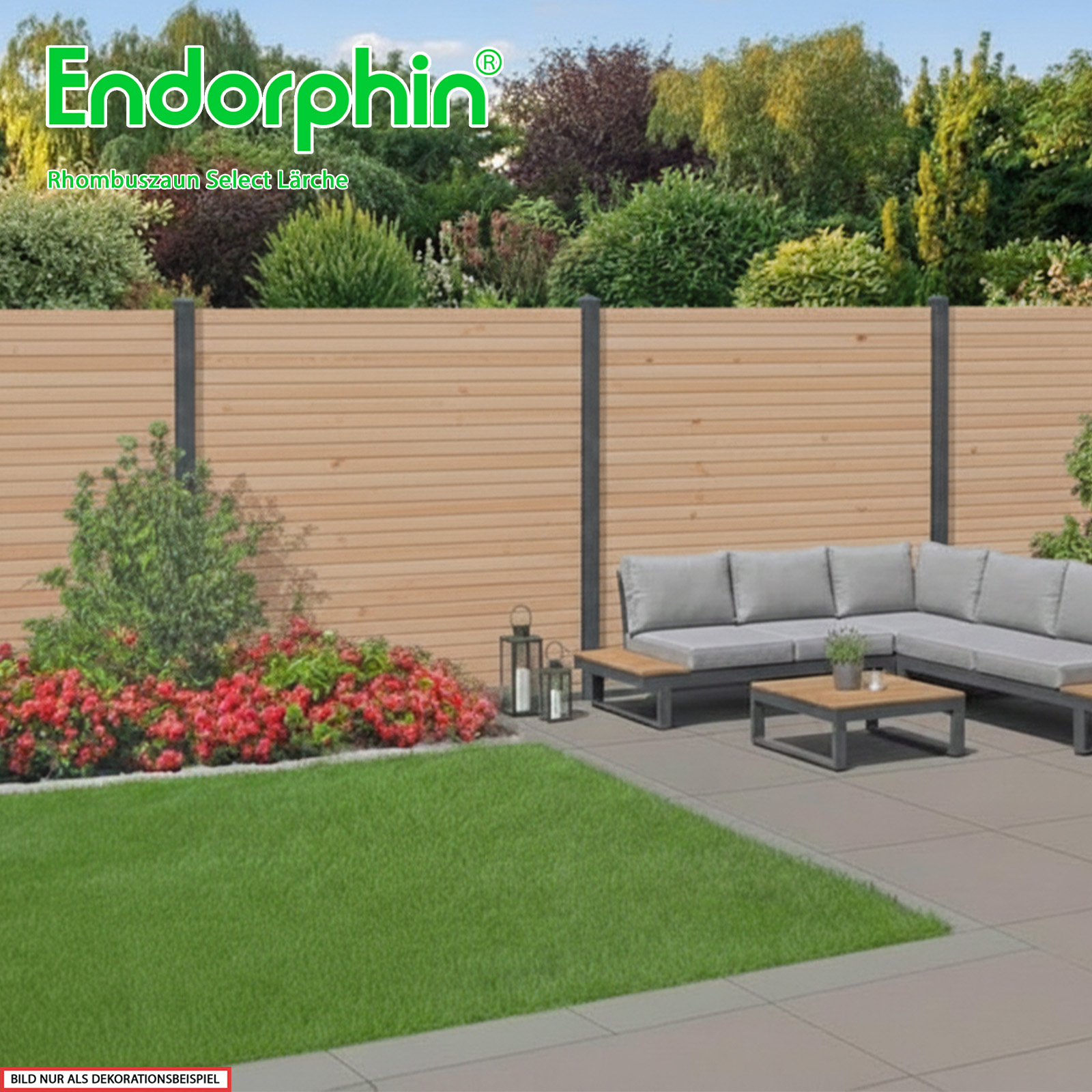 Endorphin Select-Rhombuszaun Lärche 3 Elemente 180x180cm 4 anthrazit Pfosten 7x7x235cm