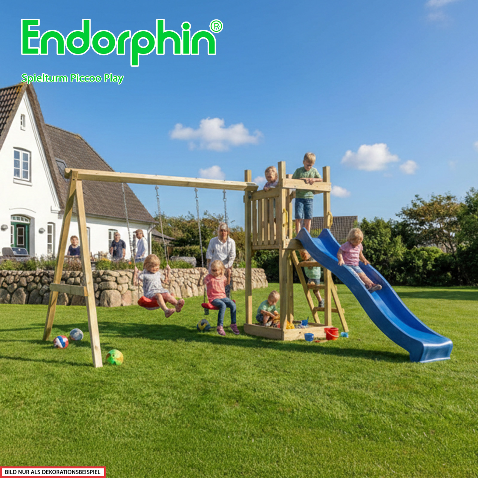 Endorphin Spielturm Piccoo Play mit Leiter Wellenrutsche und 2 Schaukeln