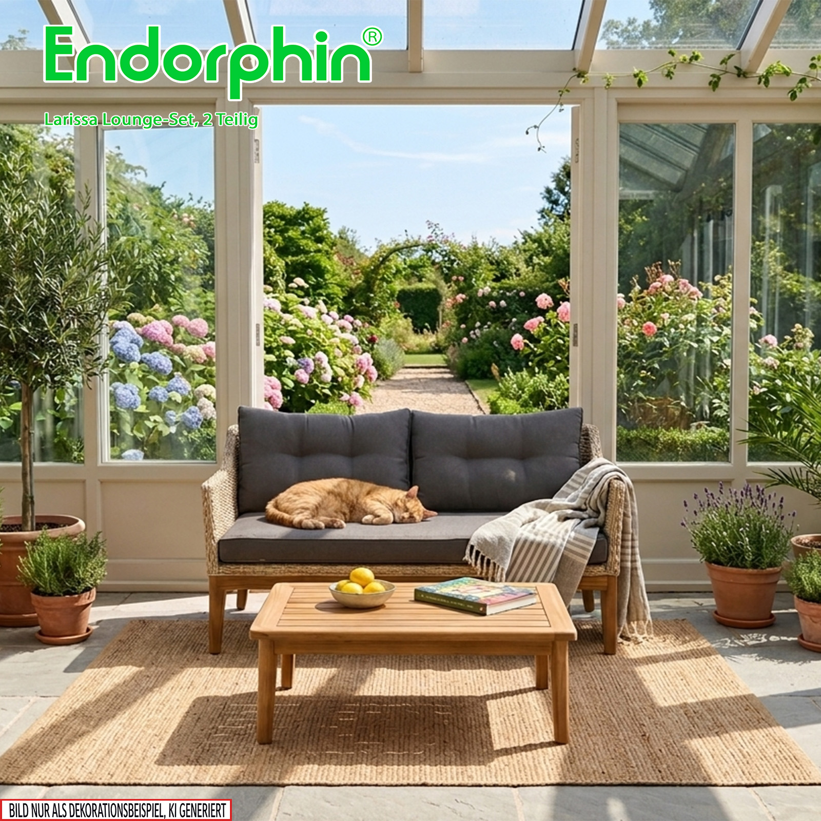 Endorphin Larissa Lounge-Set 2 tlg. 1 Sofa 1 Tisch Polyrattan Akazie im teakholz look Gartenmöbel