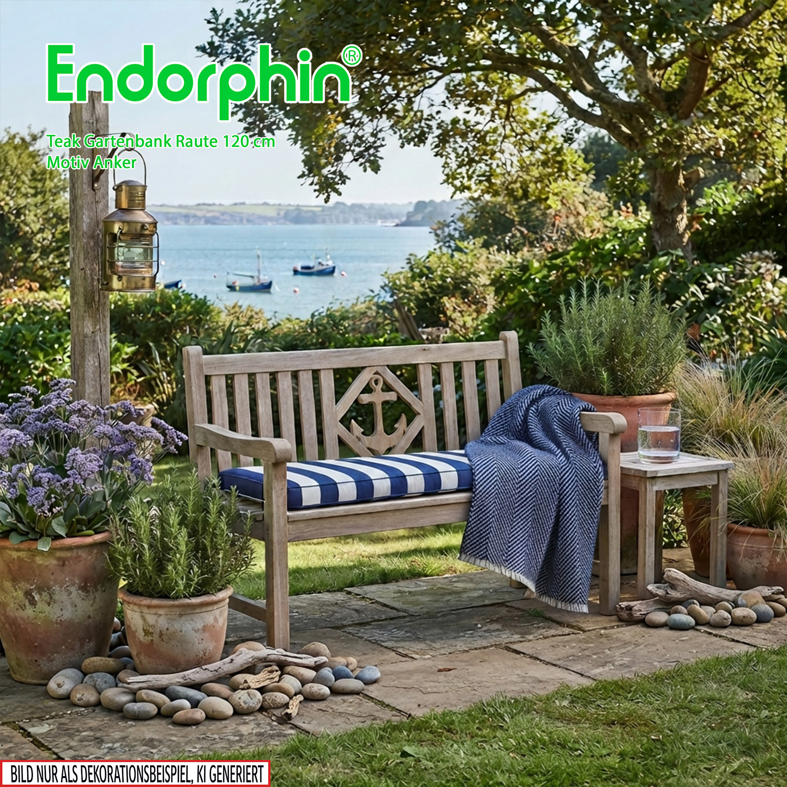 Endorphin Premium Teak Gartenbank 120 cm „Modell Raute“ mit Motiv Anker