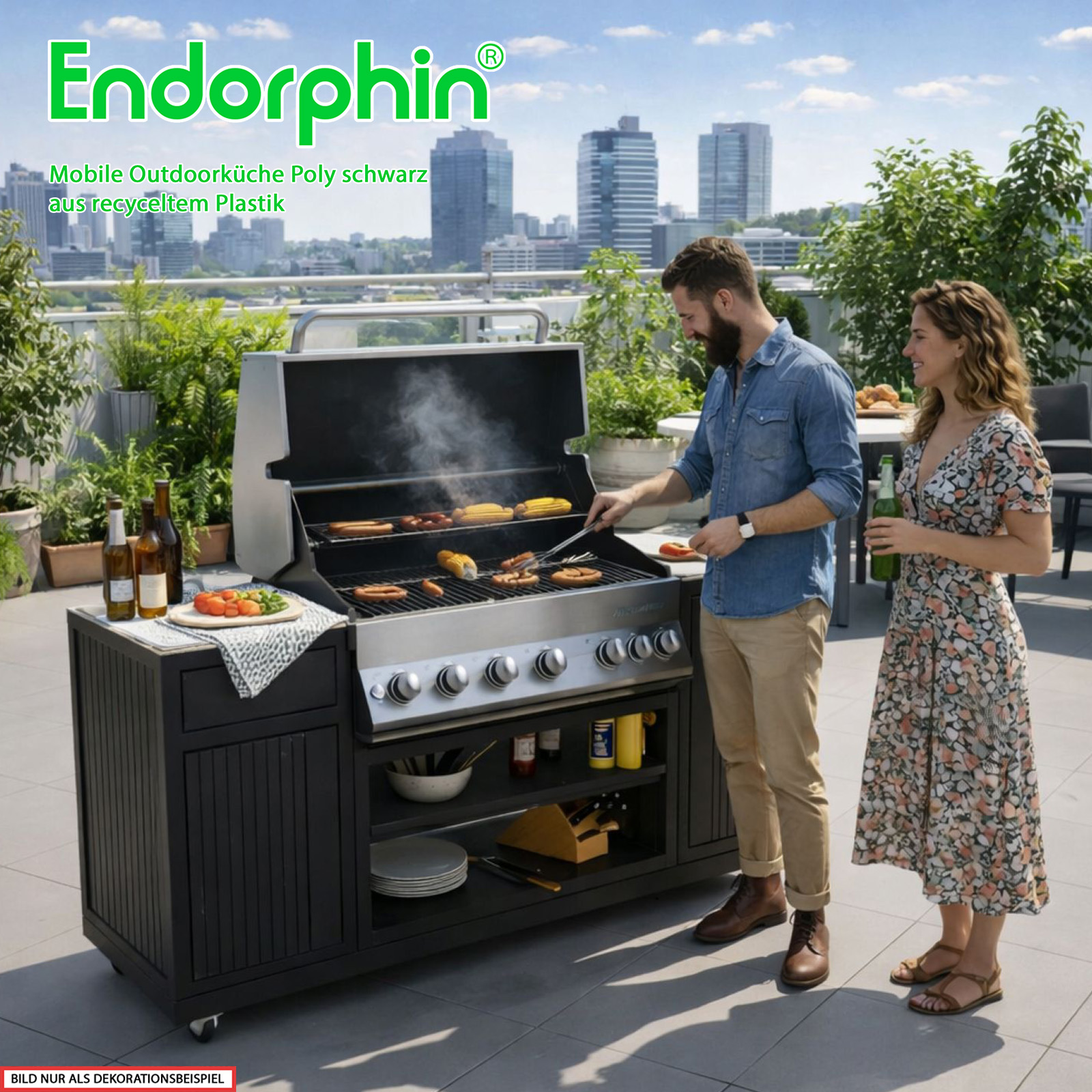 Endorphin Poly Outdoorküche schwarz, inkl Merlin 641 Gasgrill, silber