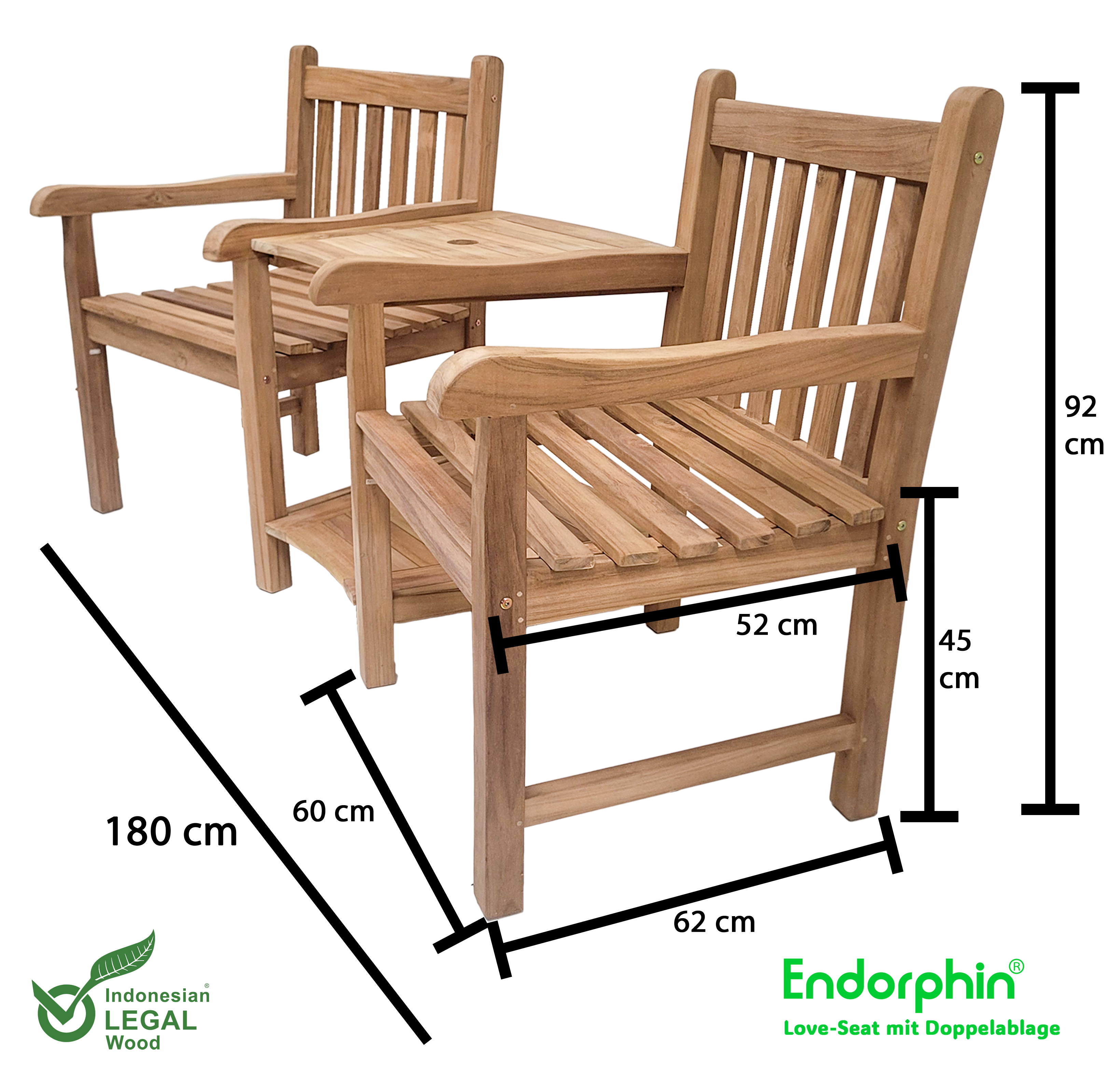 Endorphin Premium Teak Love-Seat mit Doppelablage und Schirmloch Gartenmöbel Sitzgarnitur 3tlg. Teak Feierabendbank 2 Sitzer aus nachhaltigem Teakholz Kaffeetisch