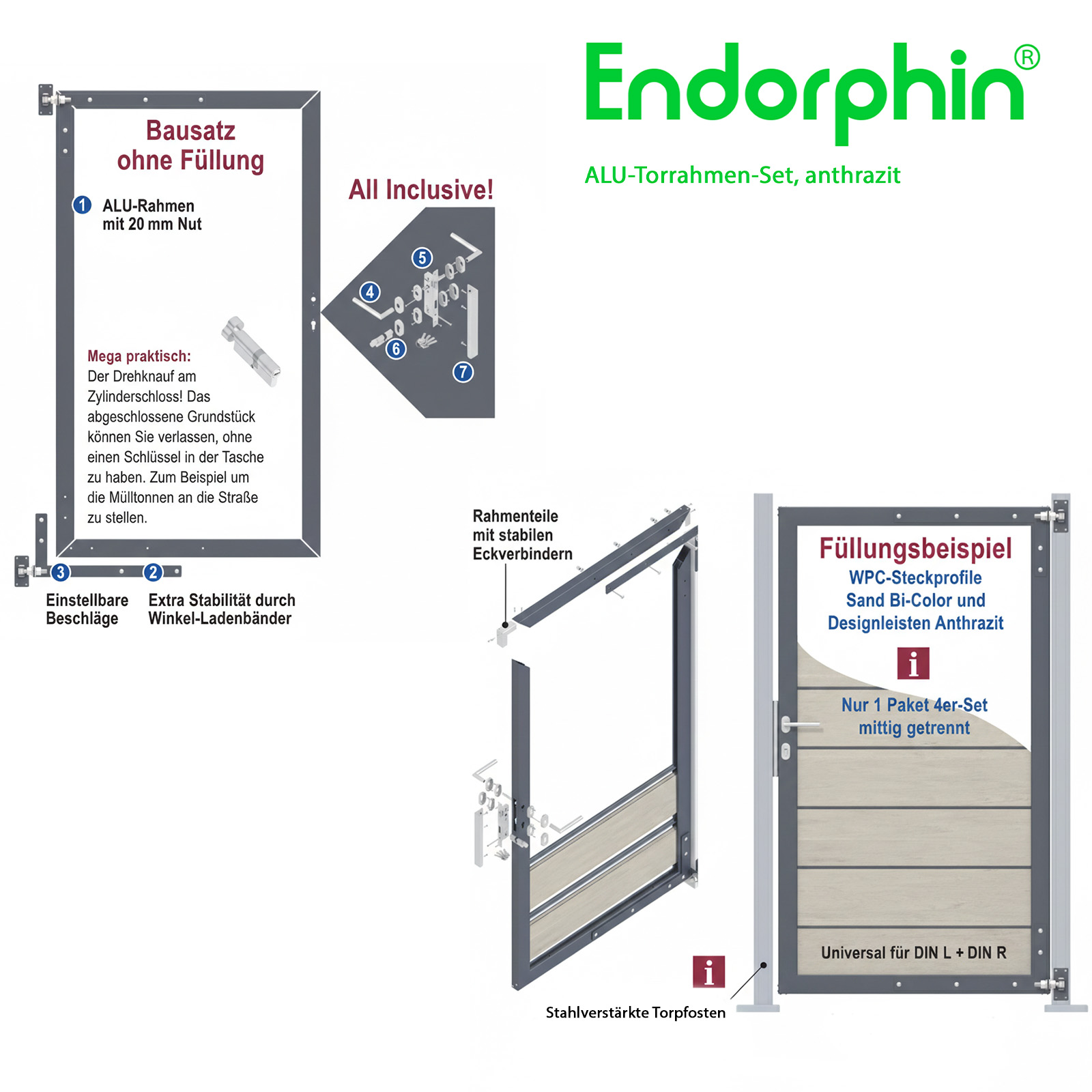 Endorphin Alu Torrahmen Set inkl Zubehör und verstärkten Pfosten 235cm in anthrazit