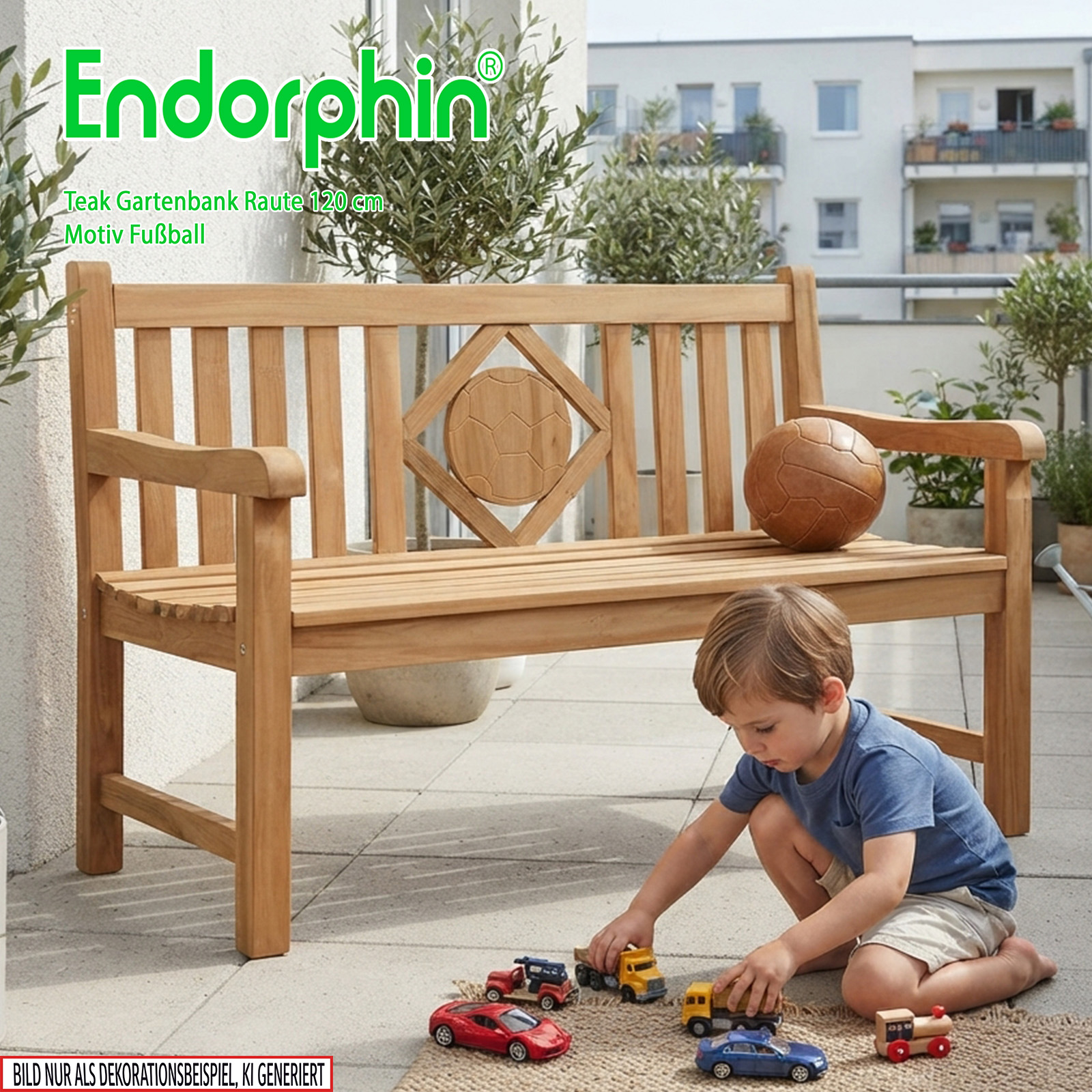 Endorphin Premium Teak Gartenbank 120 cm „Modell Raute“ mit Motiv Fußball
