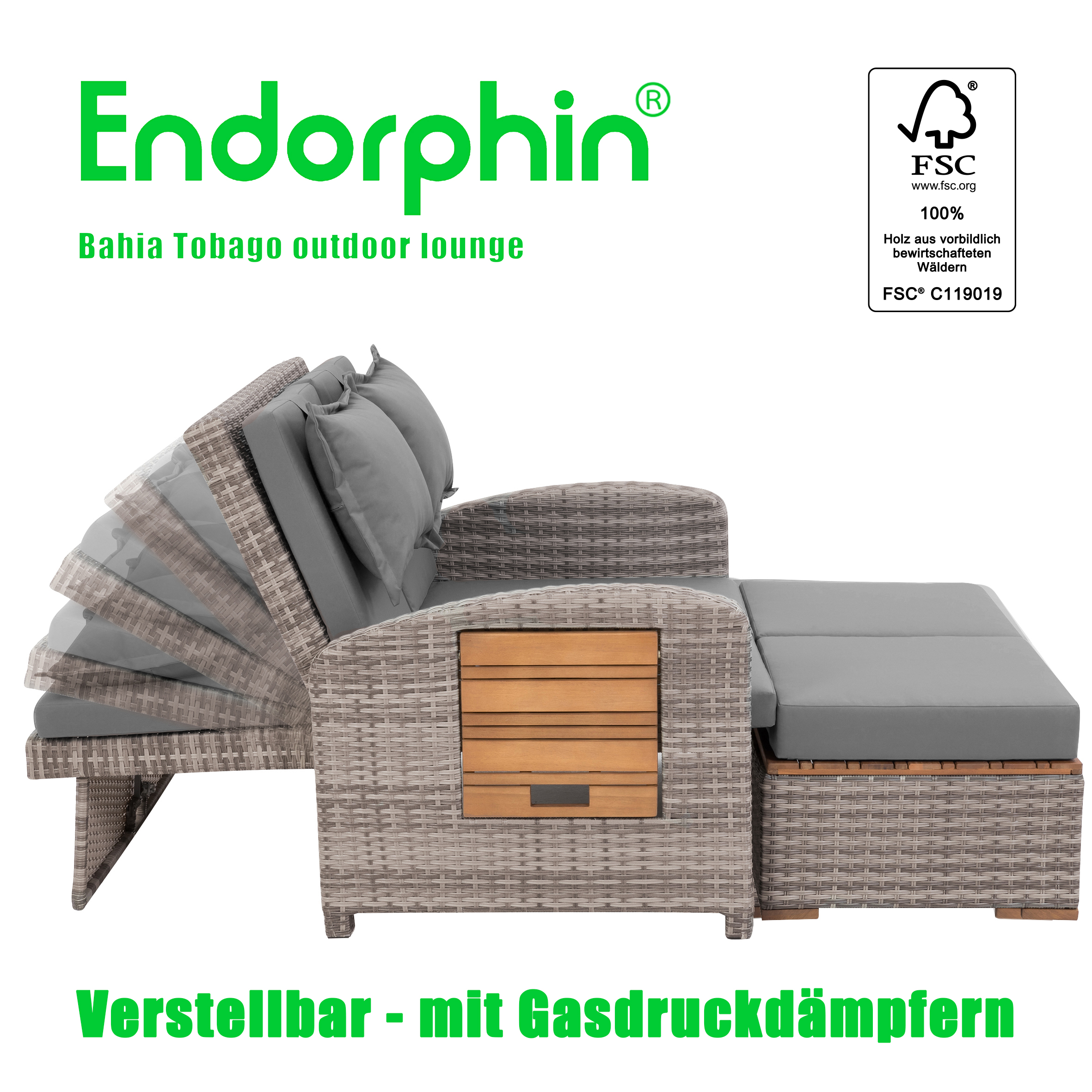 Endorphin Gartensofa Bahia Tobago mit Teakholzteilen, Gartenmöbel,  – Vielseitige Multifunktionsliege für Garten & Terrasse, outdoor lounge – garten lounge, 117 cm x 93 cm x 74 cm