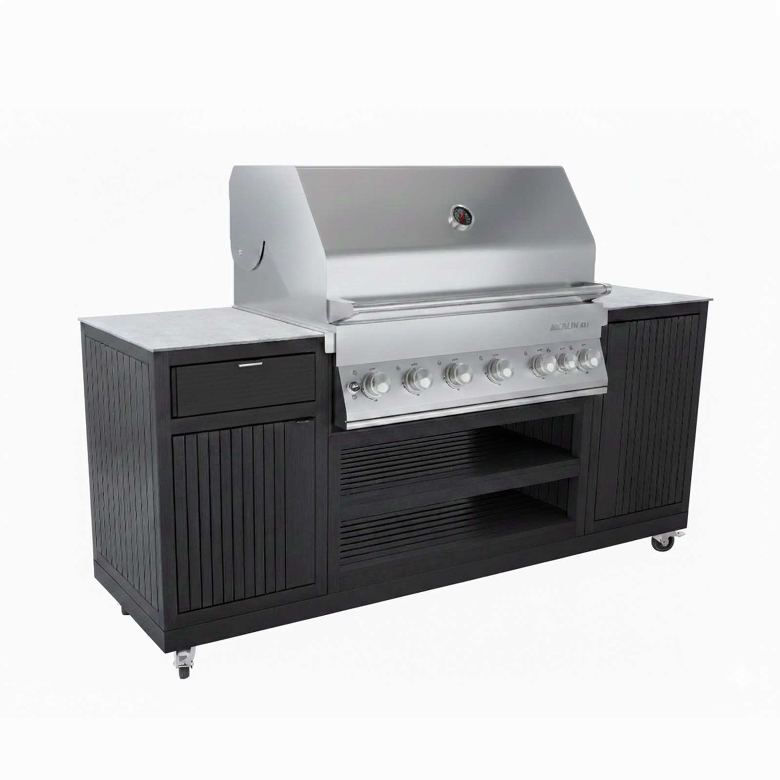 Endorphin Poly Outdoorküche schwarz, inkl Merlin 641 Gasgrill, silber