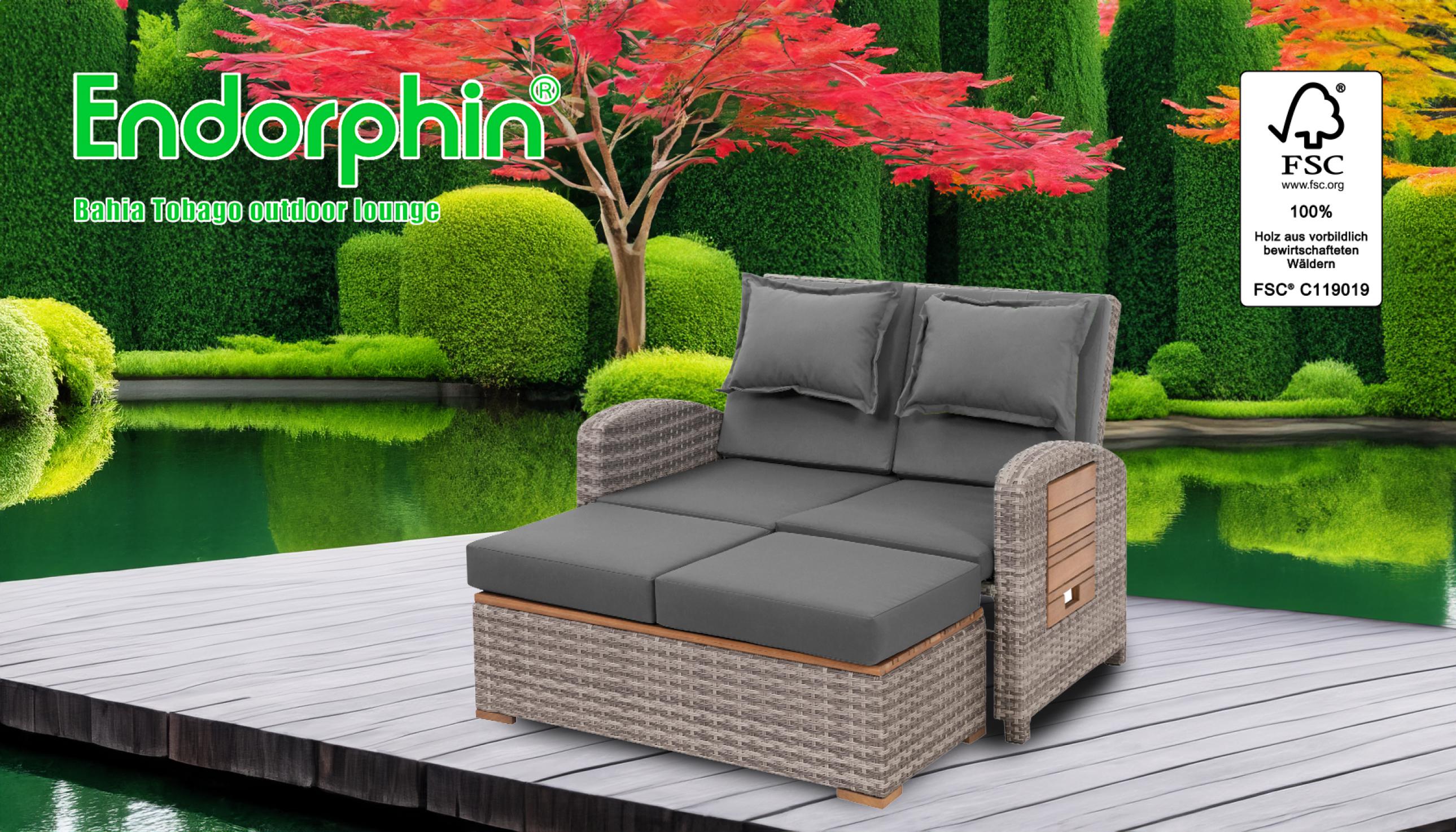 Endorphin Gartensofa Bahia Tobago mit Teakholzteilen, Gartenmöbel,  – Vielseitige Multifunktionsliege für Garten & Terrasse, outdoor lounge – garten lounge, 117 cm x 93 cm x 74 cm