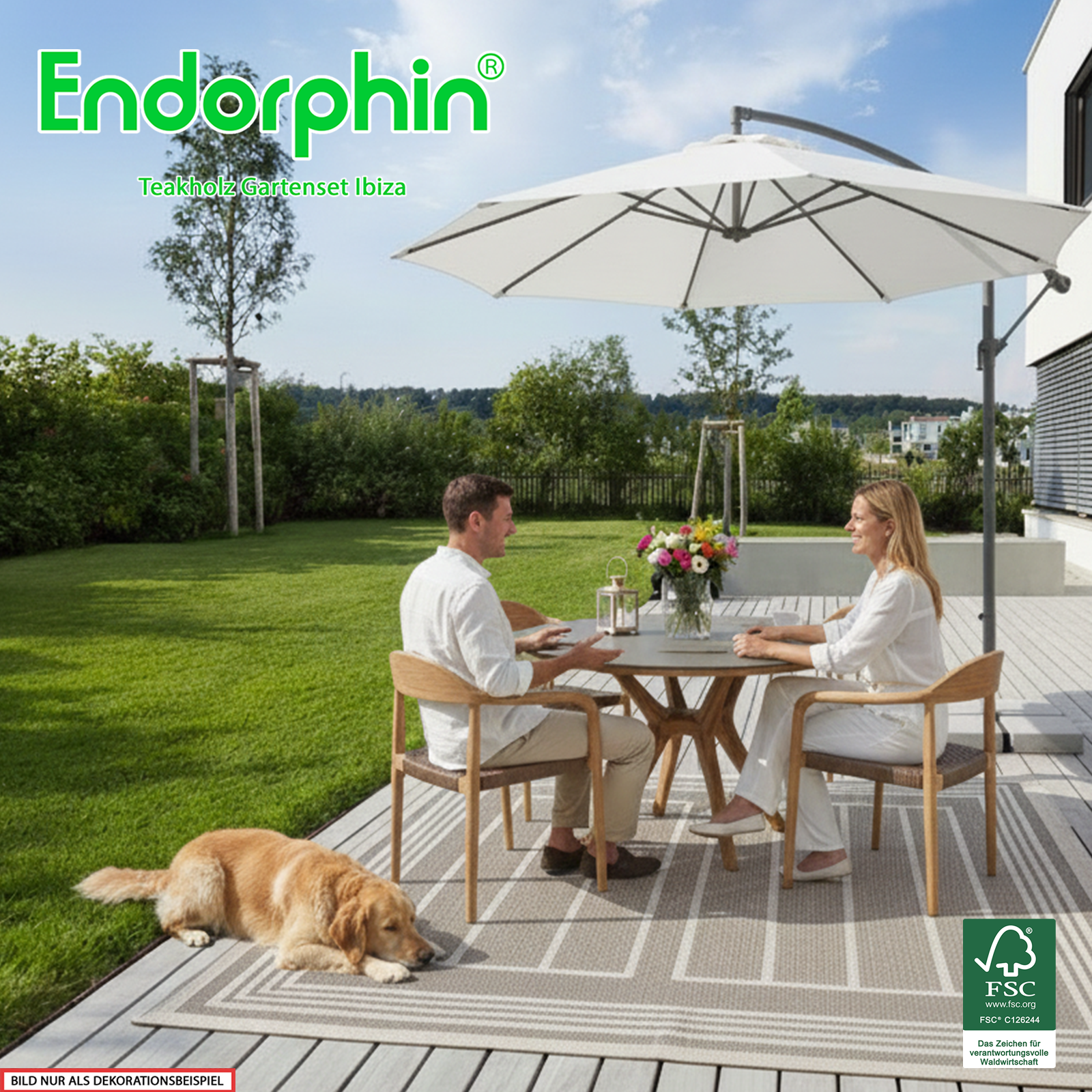 Endorphin Ibiza hochwertiges Teak Gartenset mit Keramik-Tischplatte, rund Ø120 cm 4 Stühle Gartenmöbel
