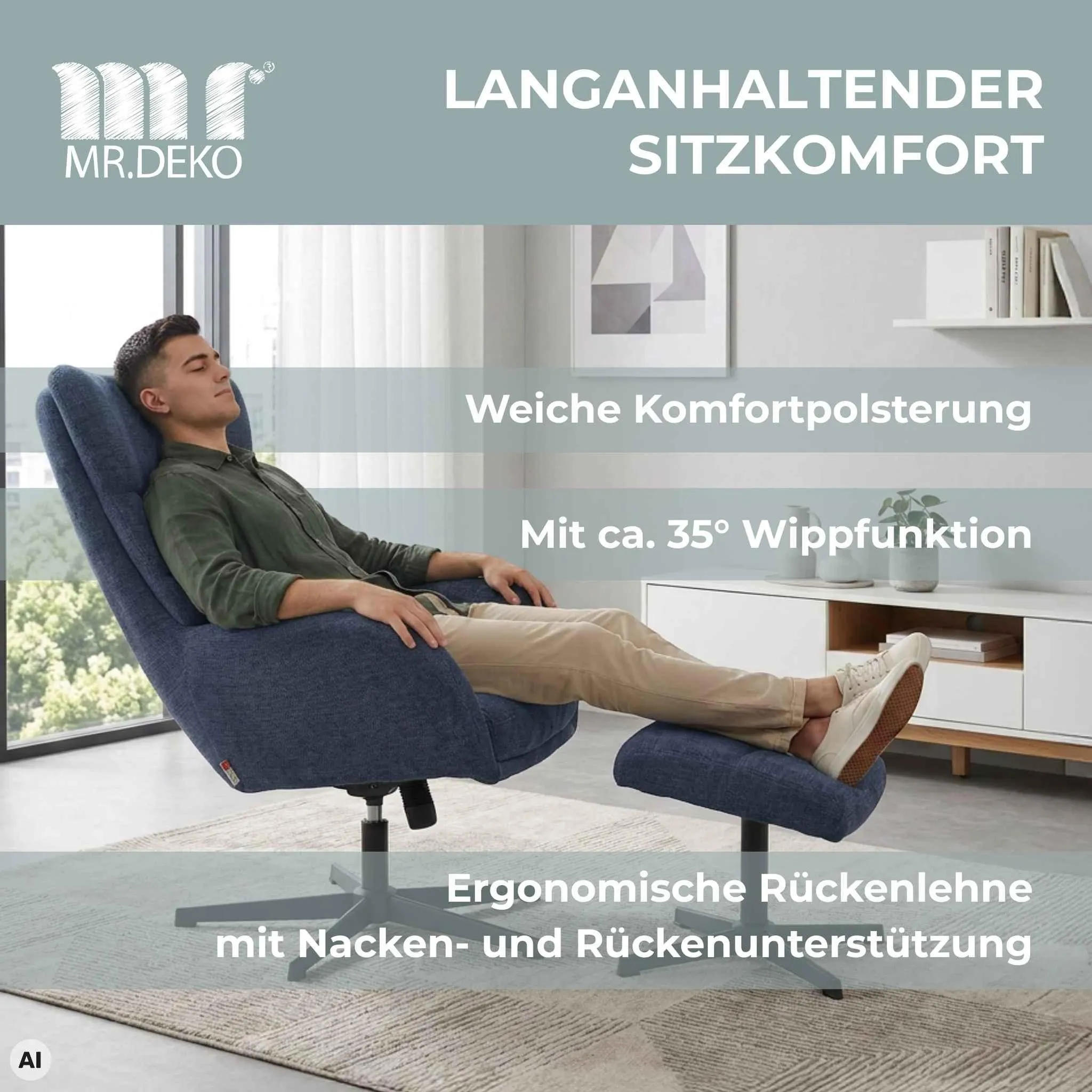 deVries Mr. Deko Lucito Ohrensessel mit Fußhocker, blau, Strukturstoff