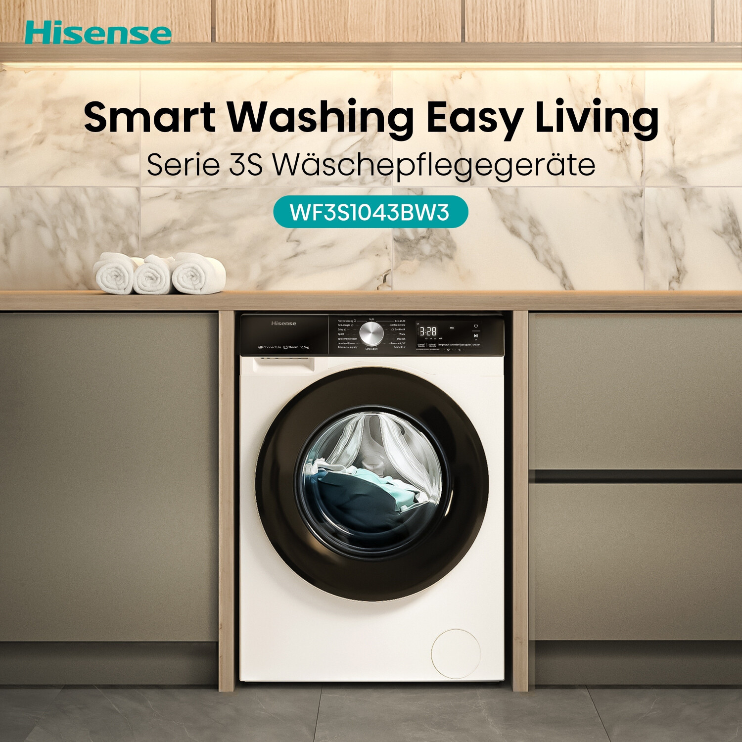 Hisense WF3S1043BW3 Waschmaschine 10KG, 1400u/min, EEK: A, Dampffunktion