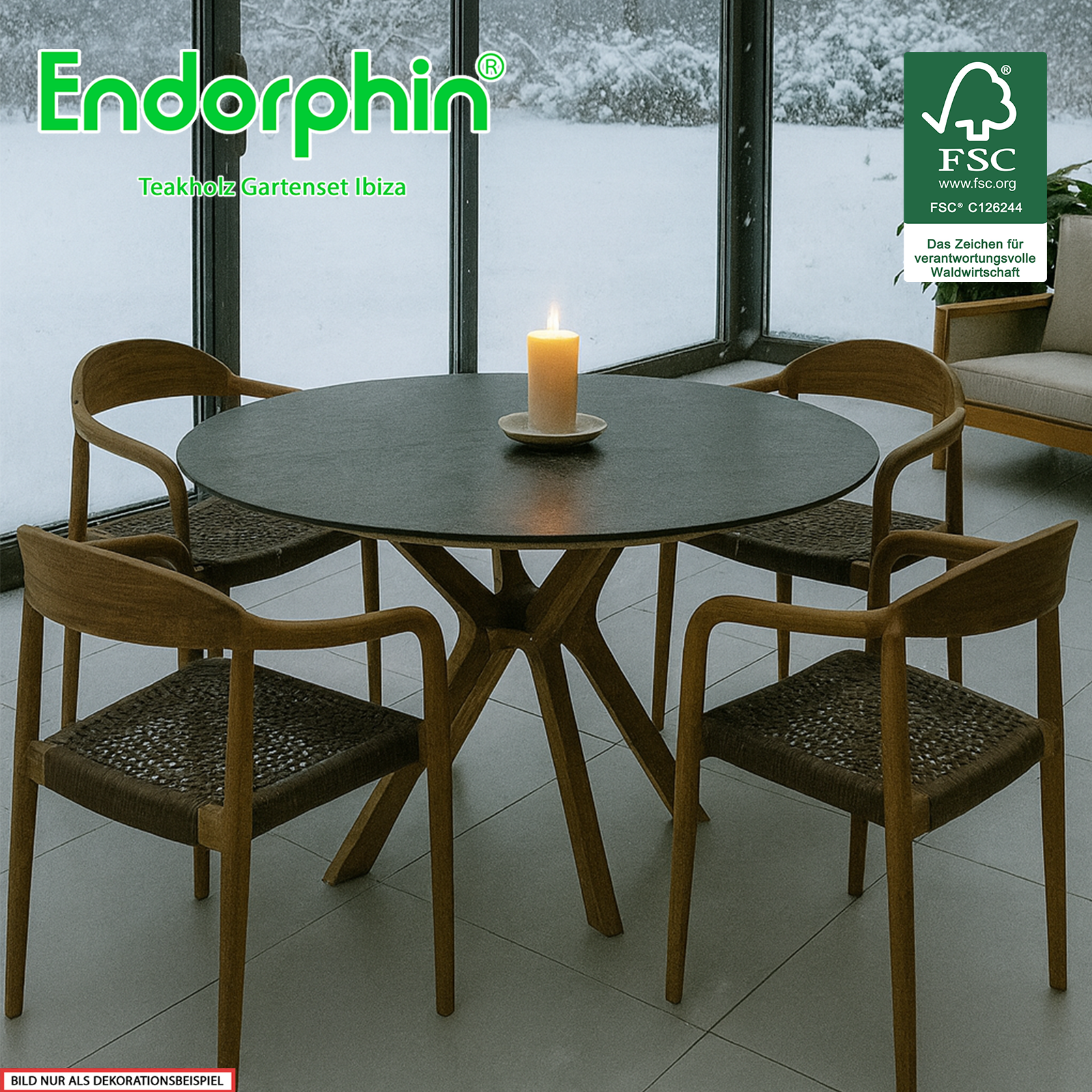 Endorphin Ibiza hochwertiges Teak Gartenset mit Keramik-Tischplatte, rund Ø120 cm 4 Stühle Gartenmöbel
