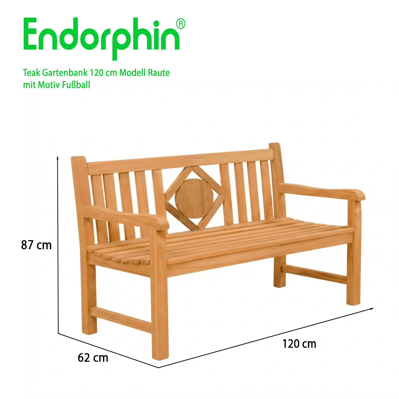 Endorphin Premium Teak Gartenbank 120 cm „Modell Raute“ mit Motiv Fußball