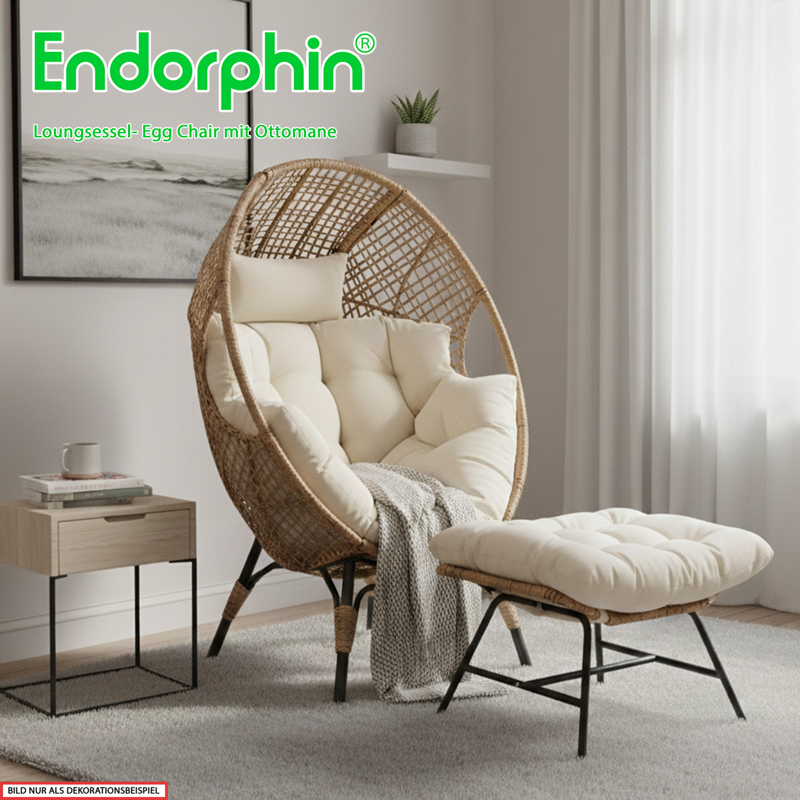 Endorphin Loungesessel Egg Chair, Gartenmöbel, Korbsessel für drinnen u. draußen m. Kissen u. Hocker/Ottomane Gartensessel