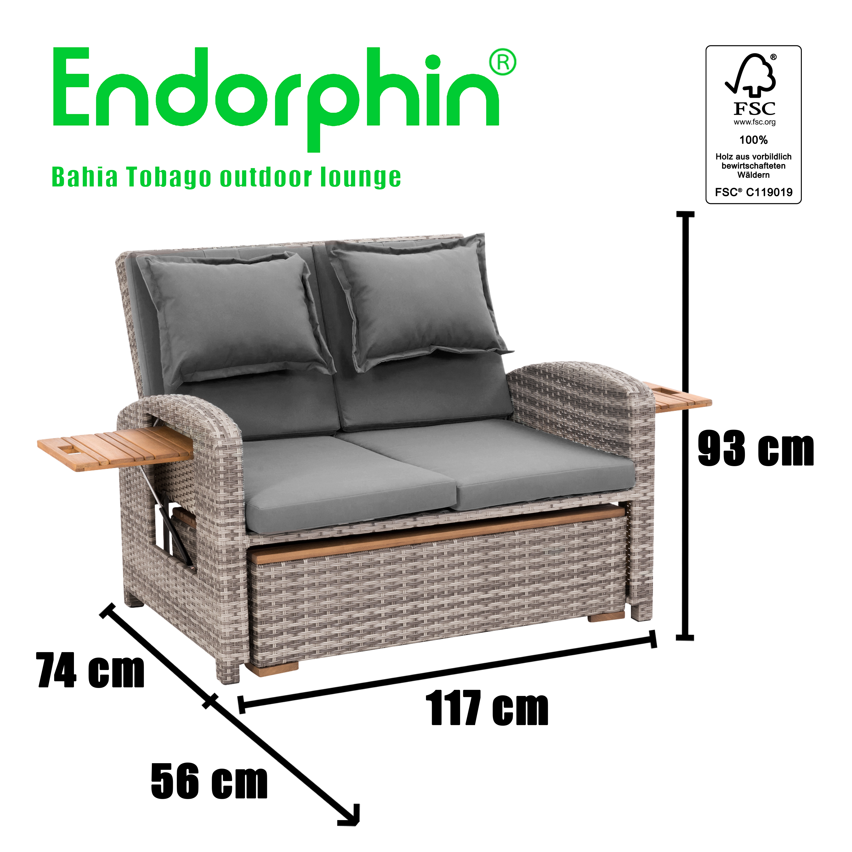 Endorphin Gartensofa Bahia Tobago mit Teakholzteilen, Gartenmöbel,  – Vielseitige Multifunktionsliege für Garten & Terrasse, outdoor lounge – garten lounge, 117 cm x 93 cm x 74 cm