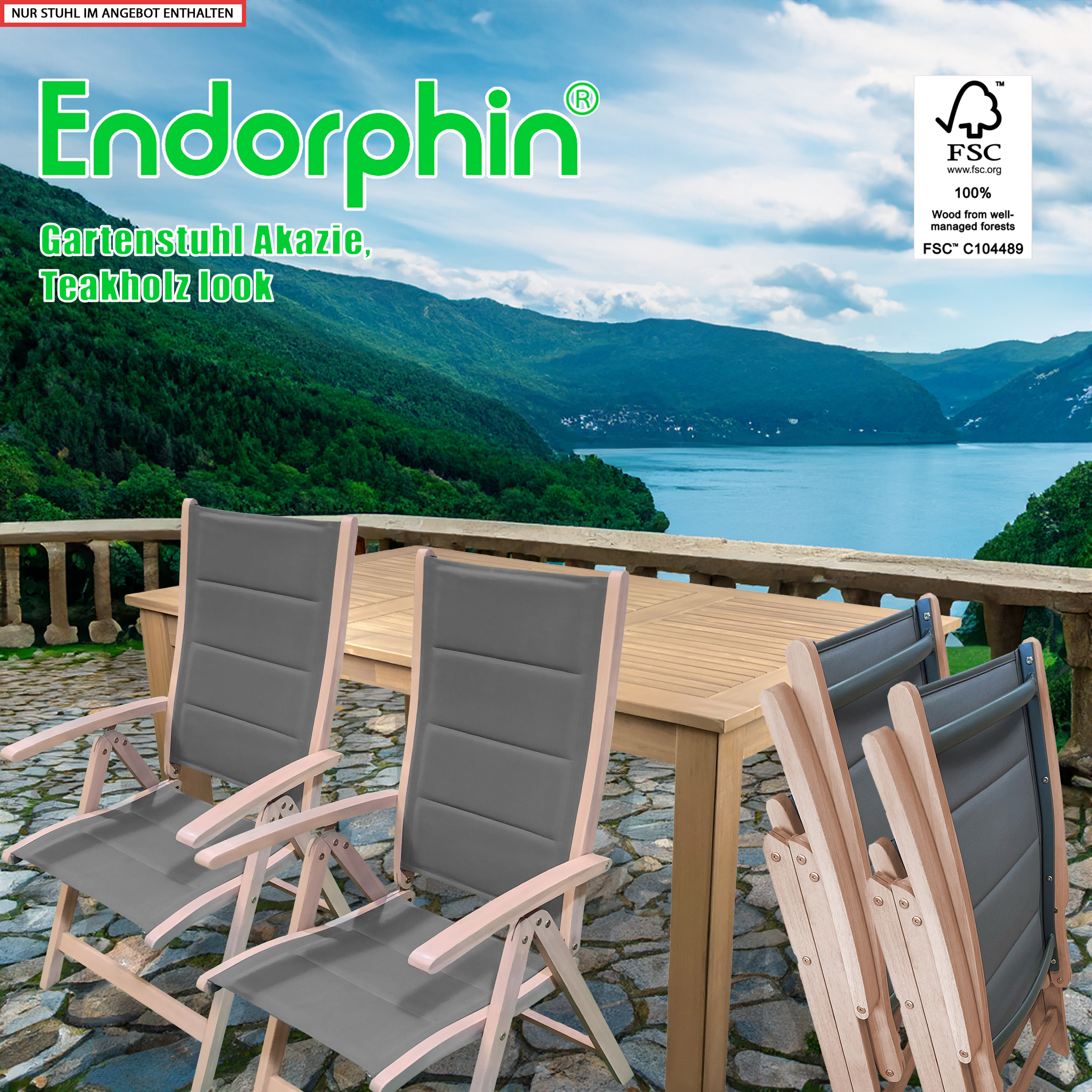 Endorphin 2er Pack Klappsessel,  Gartensessel aus Akazienholz im Teakholzlook, FSC zertifiziert, Sitzfläche Textilene mit Schaumstofffüllung, Farbe taupe, Rückenlehne 4-fach verstellbar, 57 x 70 x 112 cm (B x T x H)