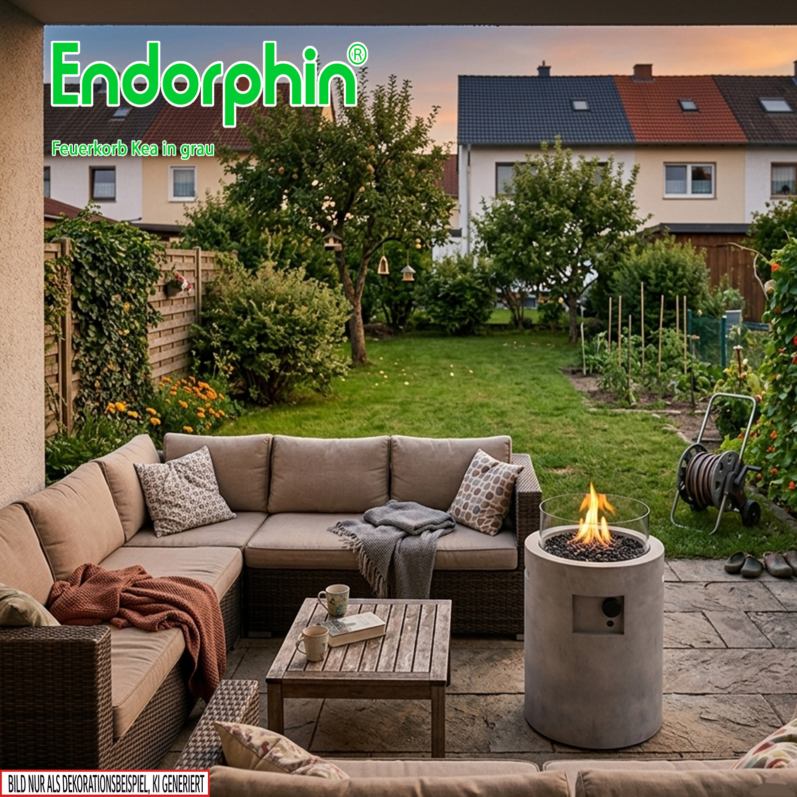 Endorphin Feuerkorb Kea in grau, Stilvolle Gas-Feuerstelle aus Faserzement