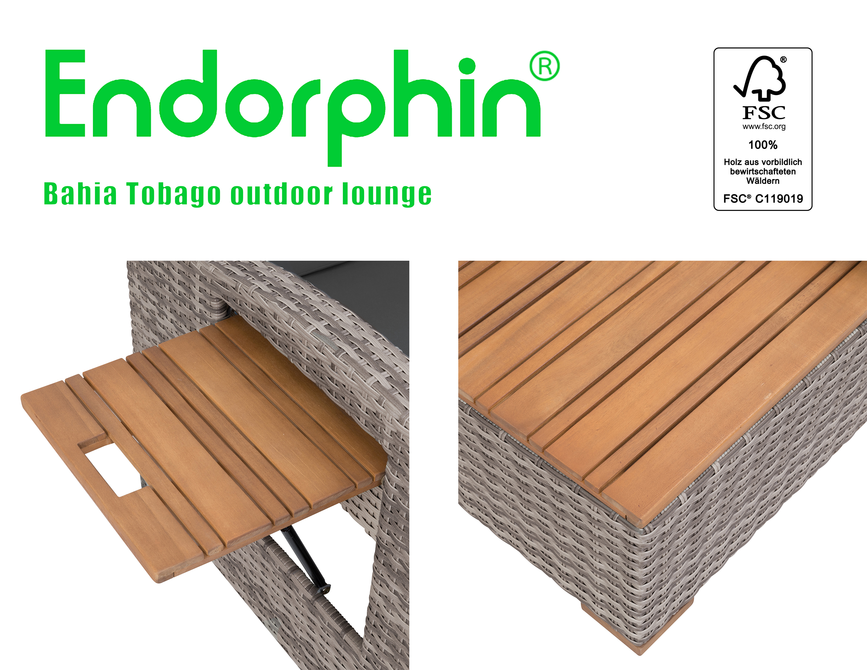 Endorphin Gartensofa Bahia Tobago mit Teakholzteilen, Gartenmöbel,  – Vielseitige Multifunktionsliege für Garten & Terrasse, outdoor lounge – garten lounge, 117 cm x 93 cm x 74 cm