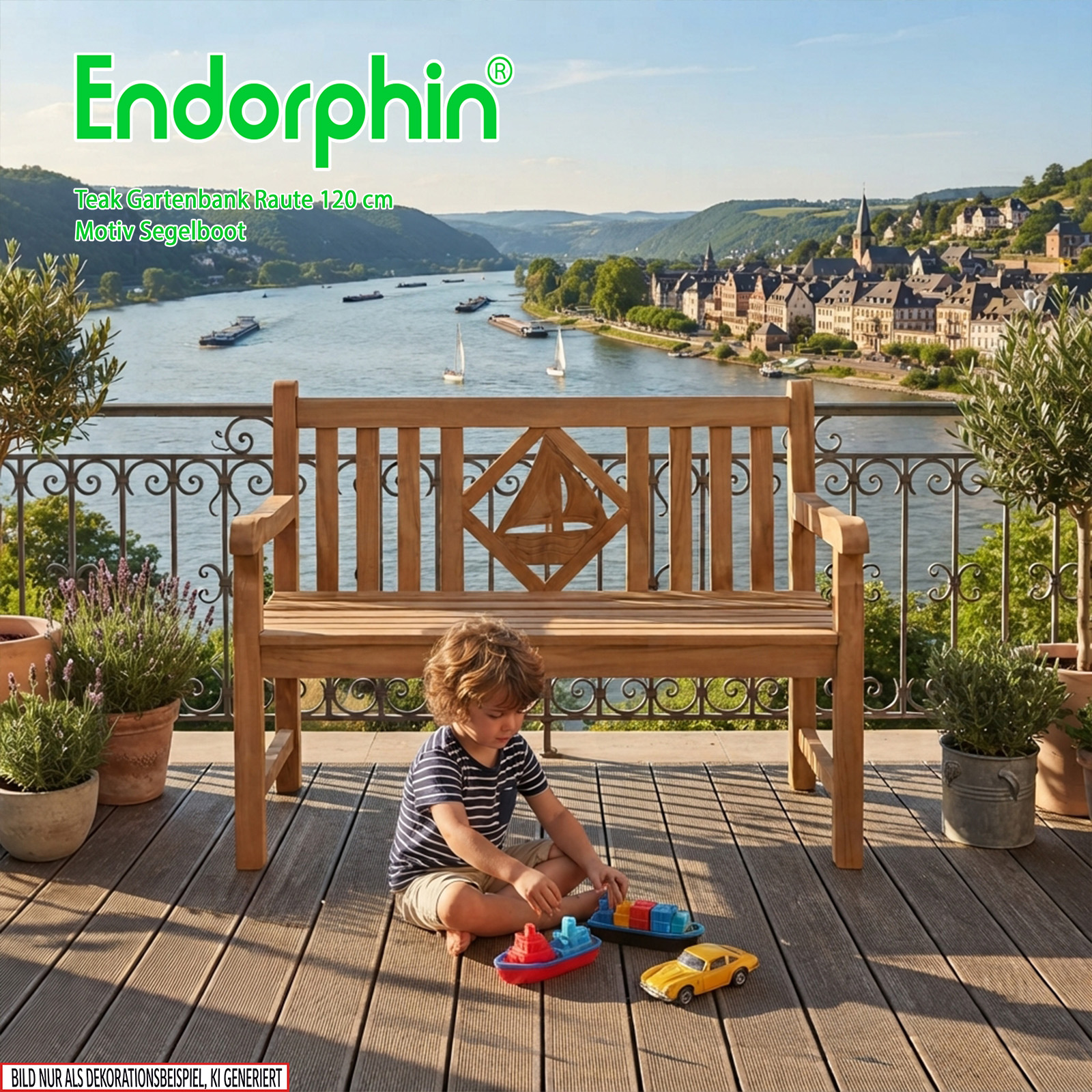 Endorphin Premium Teak Gartenbank 120 cm „Modell Raute“ mit Motiv Segelboot