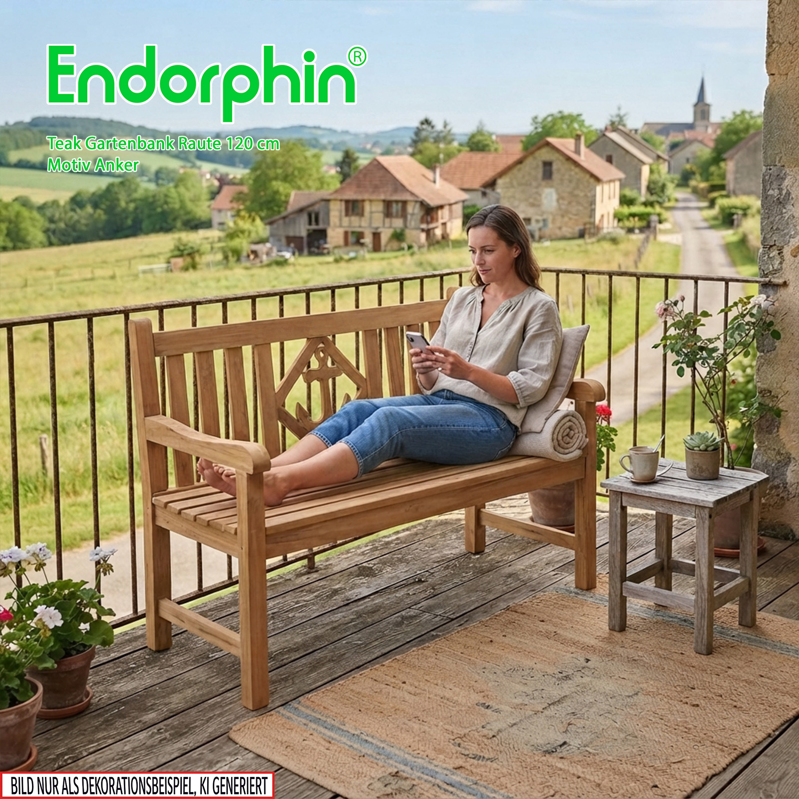 Endorphin Premium Teak Gartenbank 120 cm „Modell Raute“ mit Motiv Anker