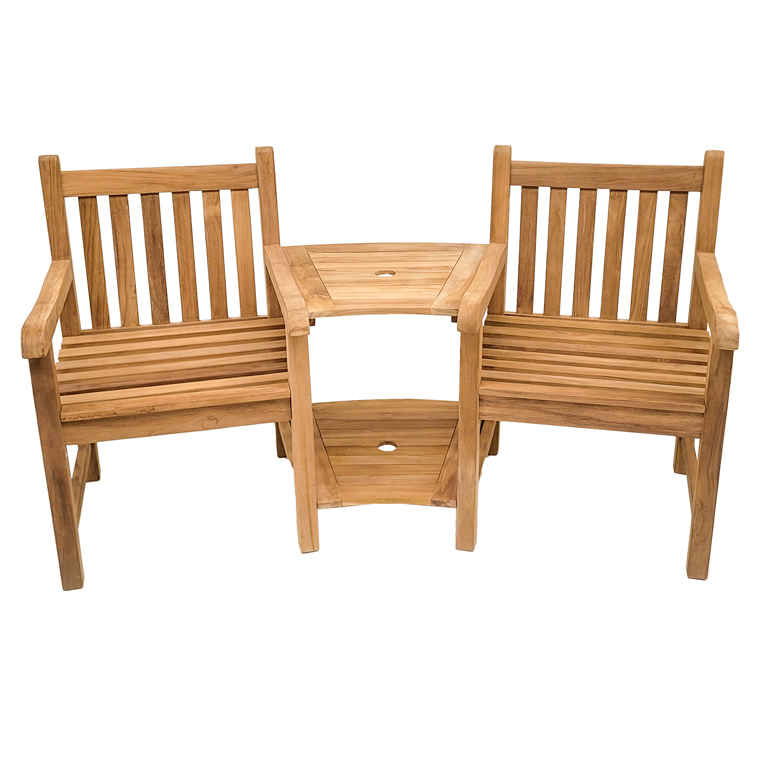 Endorphin Premium Teak Love-Seat mit Doppelablage und Schirmloch Gartenmöbel Sitzgarnitur 3tlg. Teak Feierabendbank 2 Sitzer aus nachhaltigem Teakholz Kaffeetisch