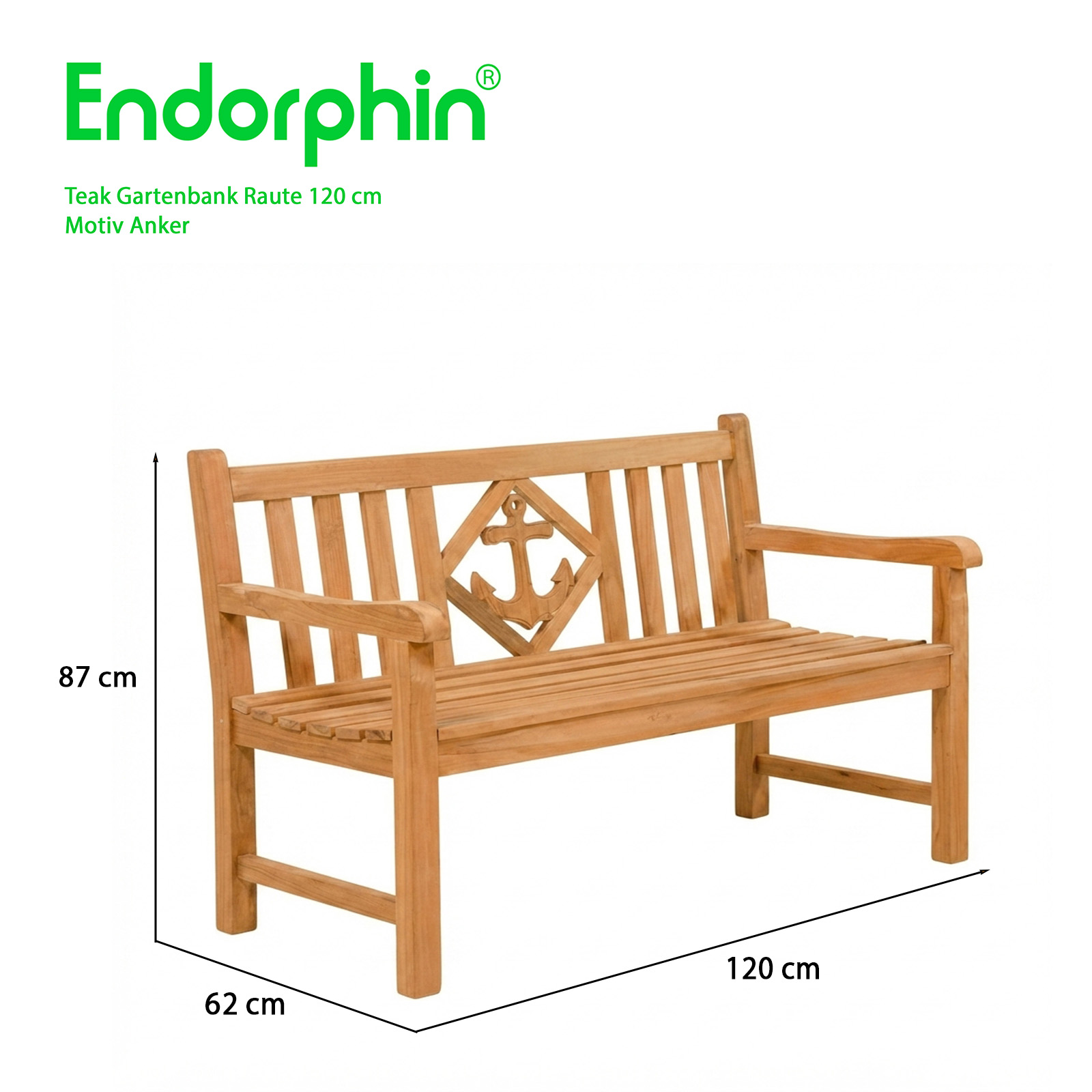 Endorphin Premium Teak Gartenbank 120 cm „Modell Raute“ mit Motiv Anker