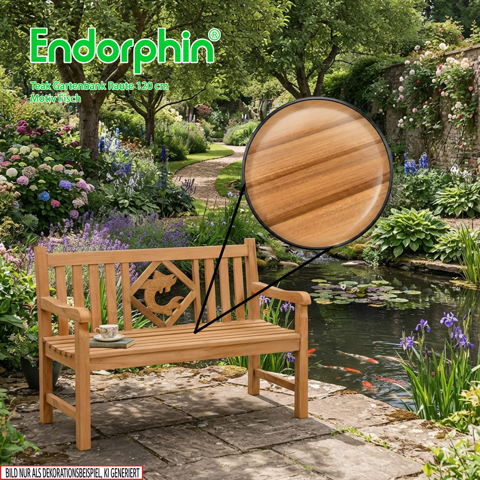 Endorphin Premium Teak Gartenbank 120 cm „Modell Raute“ mit Motiv Fisch