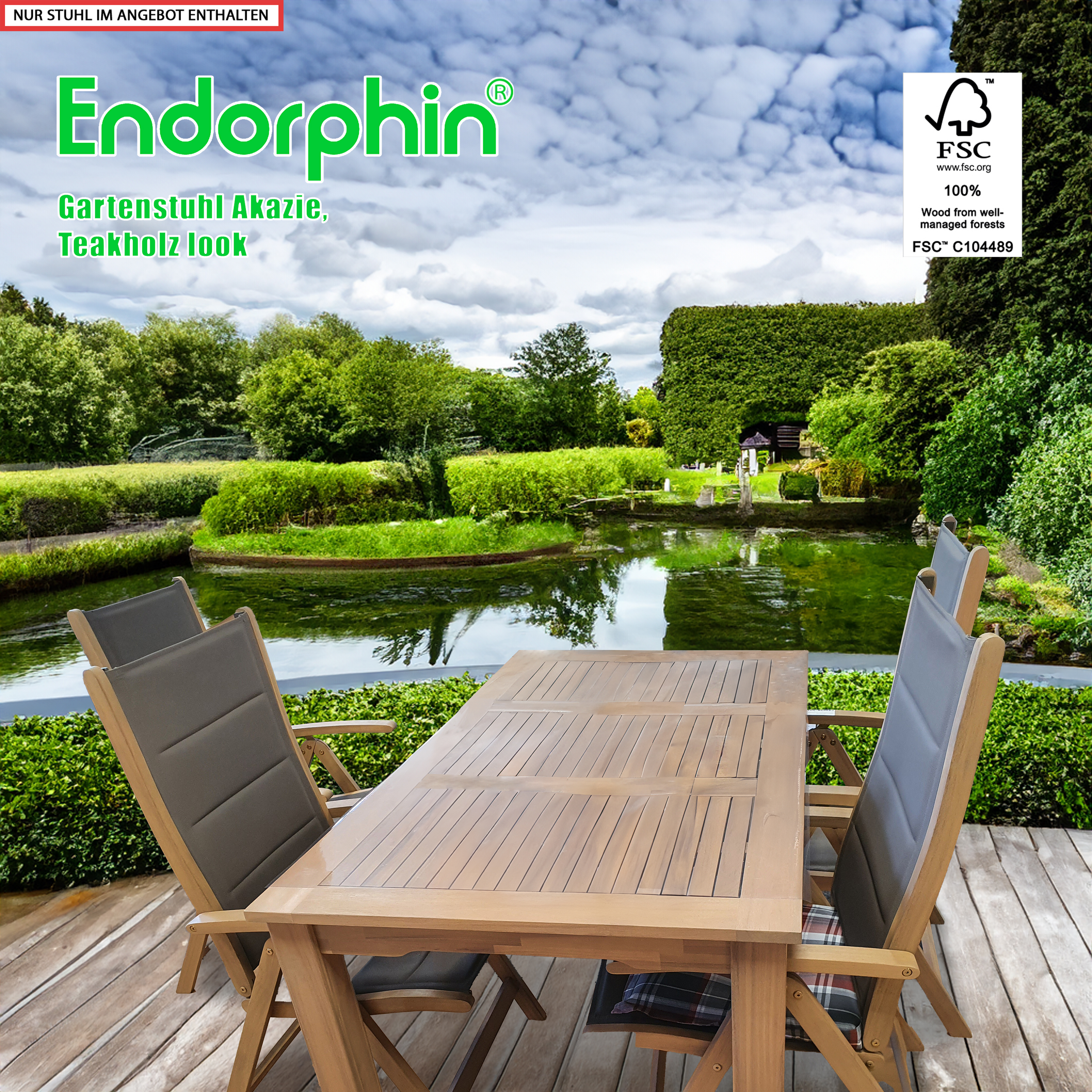 Endorphin Klappsessel, Gartensessel, Gartenmöbel, Klappstuhl aus Akazienholz im Teakholzlook, Sitzfläche Textilene