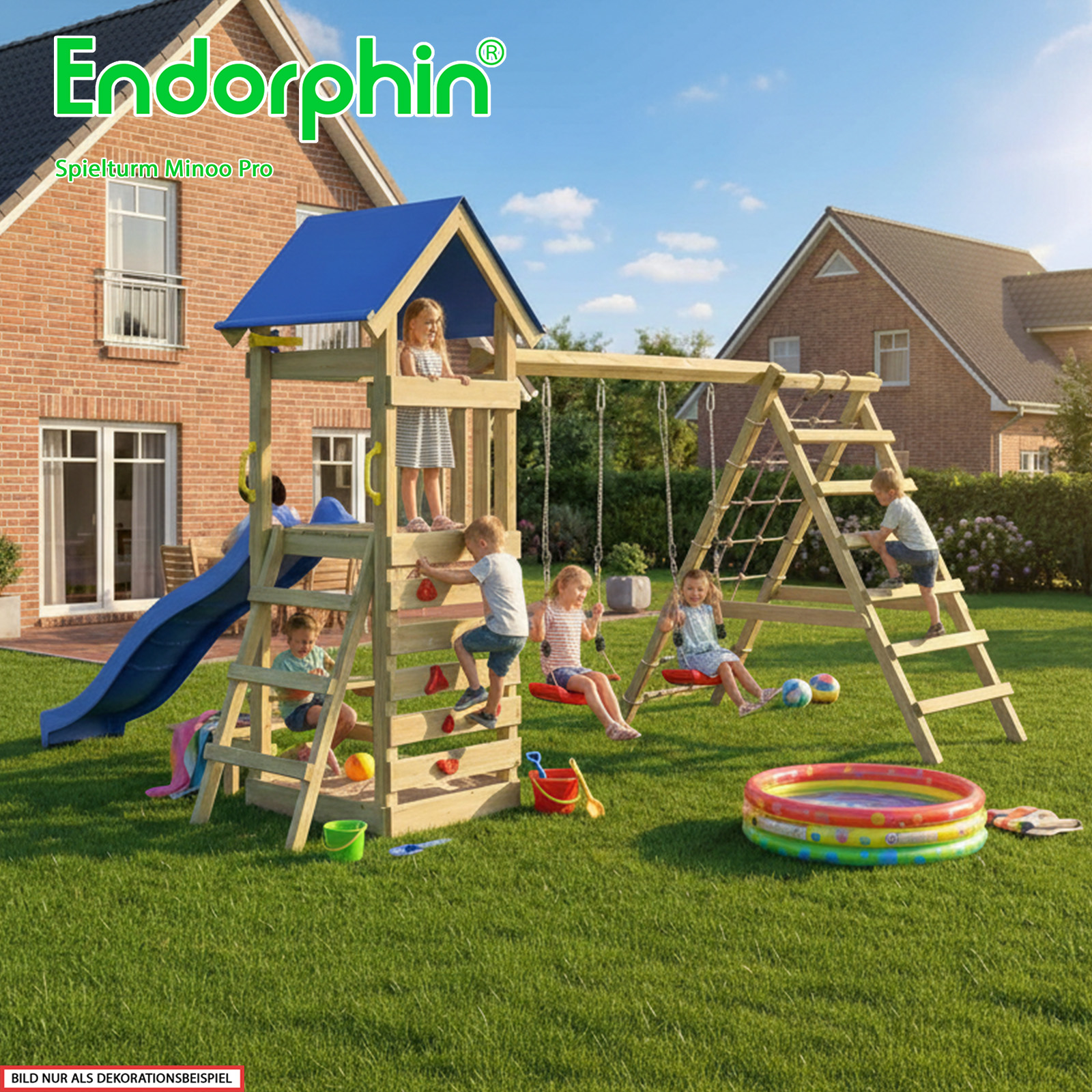 Endorphin Spielturm Minoo Pro m. Dach Leiter Rutsche Schaukel Kletterwänden Sandkasten und Picknicktisch