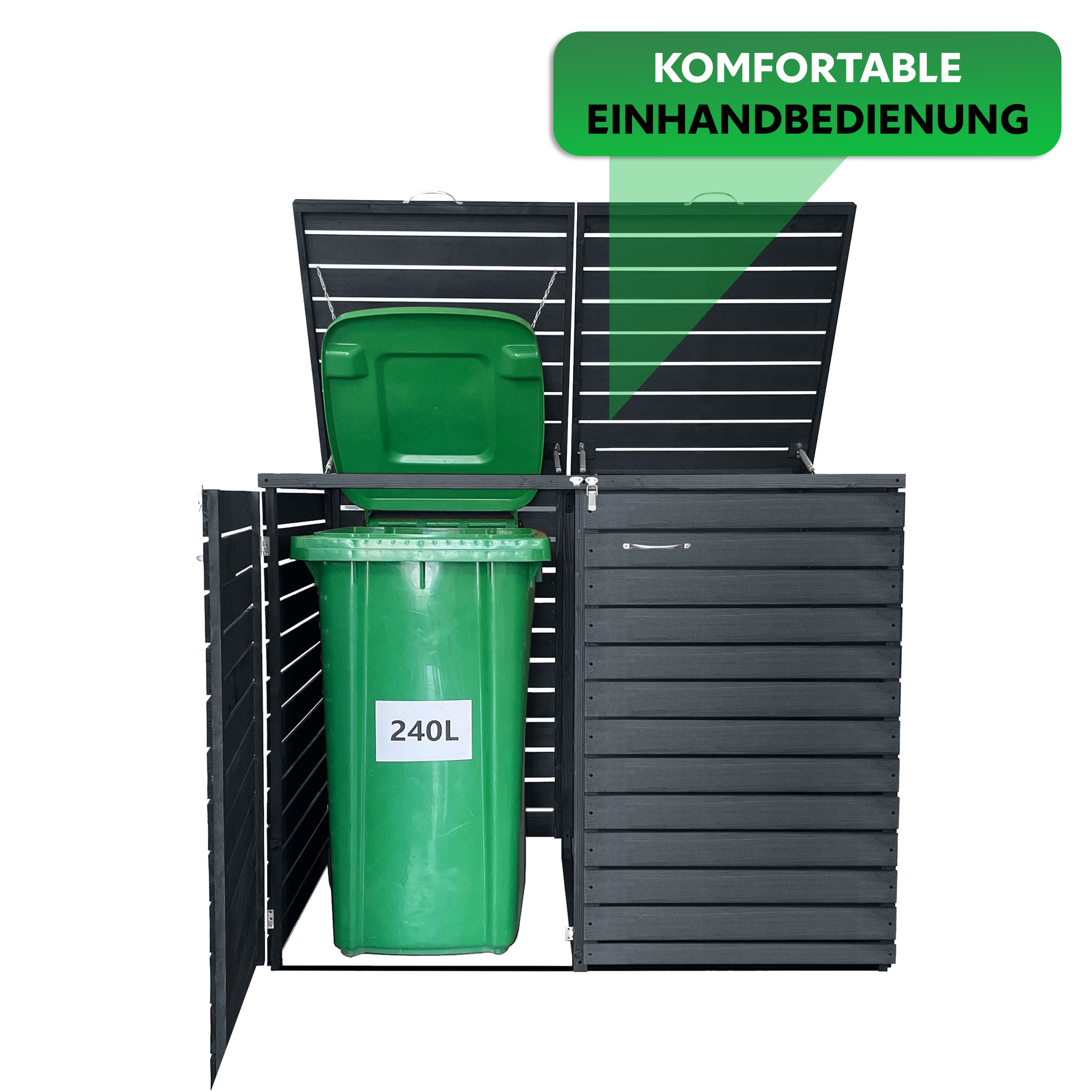Endorphin Stabile Comfort Comfort Mülltonnengarage / Mülltonnenbox mit Gasdruckfeder 2er 240 L nachhaltig aus Holz in anthrazit