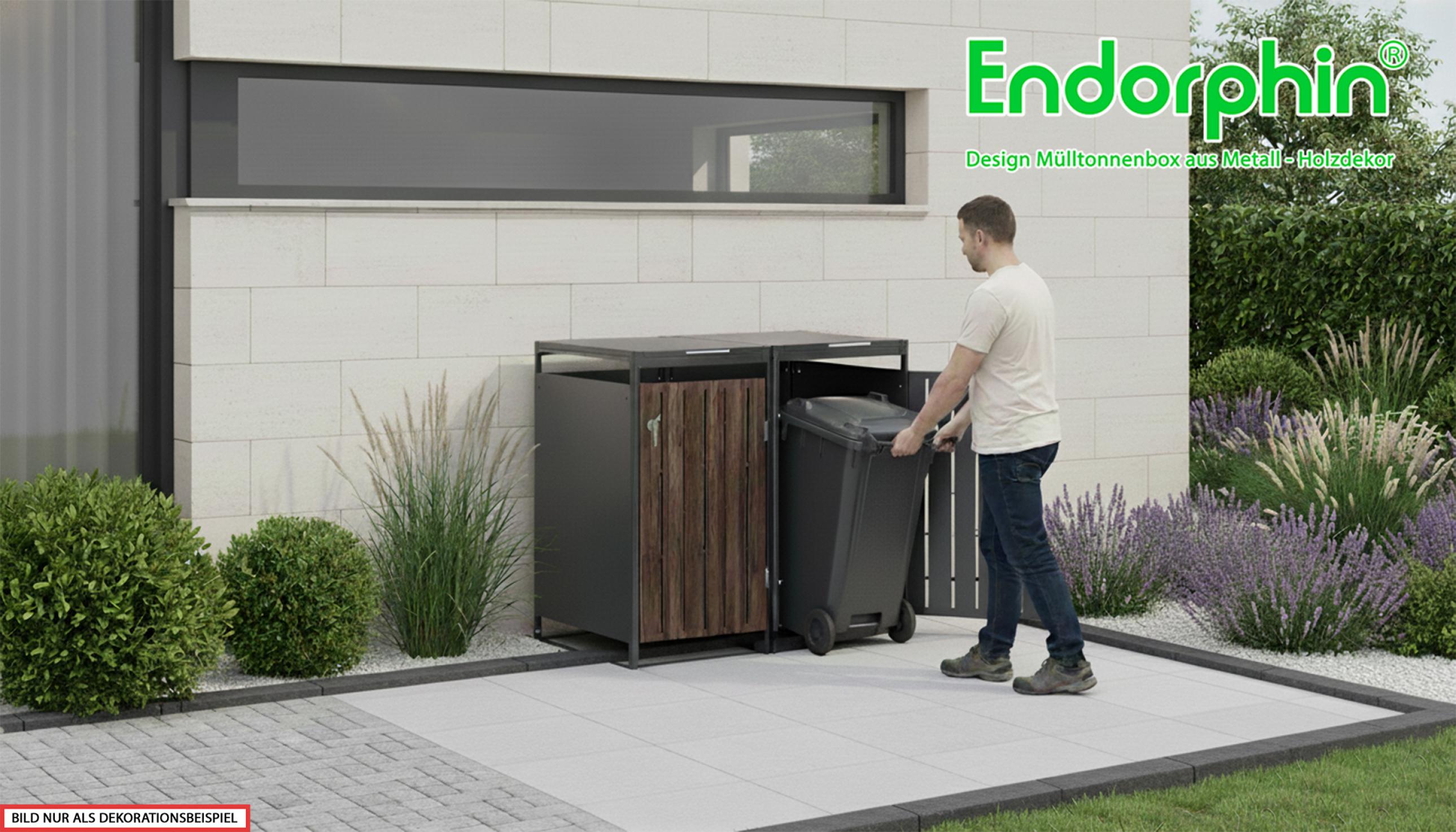 Endorphin Design Mülltonnenbox, 2er, 240 l, in anthrazit mit Holzdekor, aus verzinktem Stahl pulverbeschichtet, Breite x Höhe x Tiefe: 132x119x82 cm