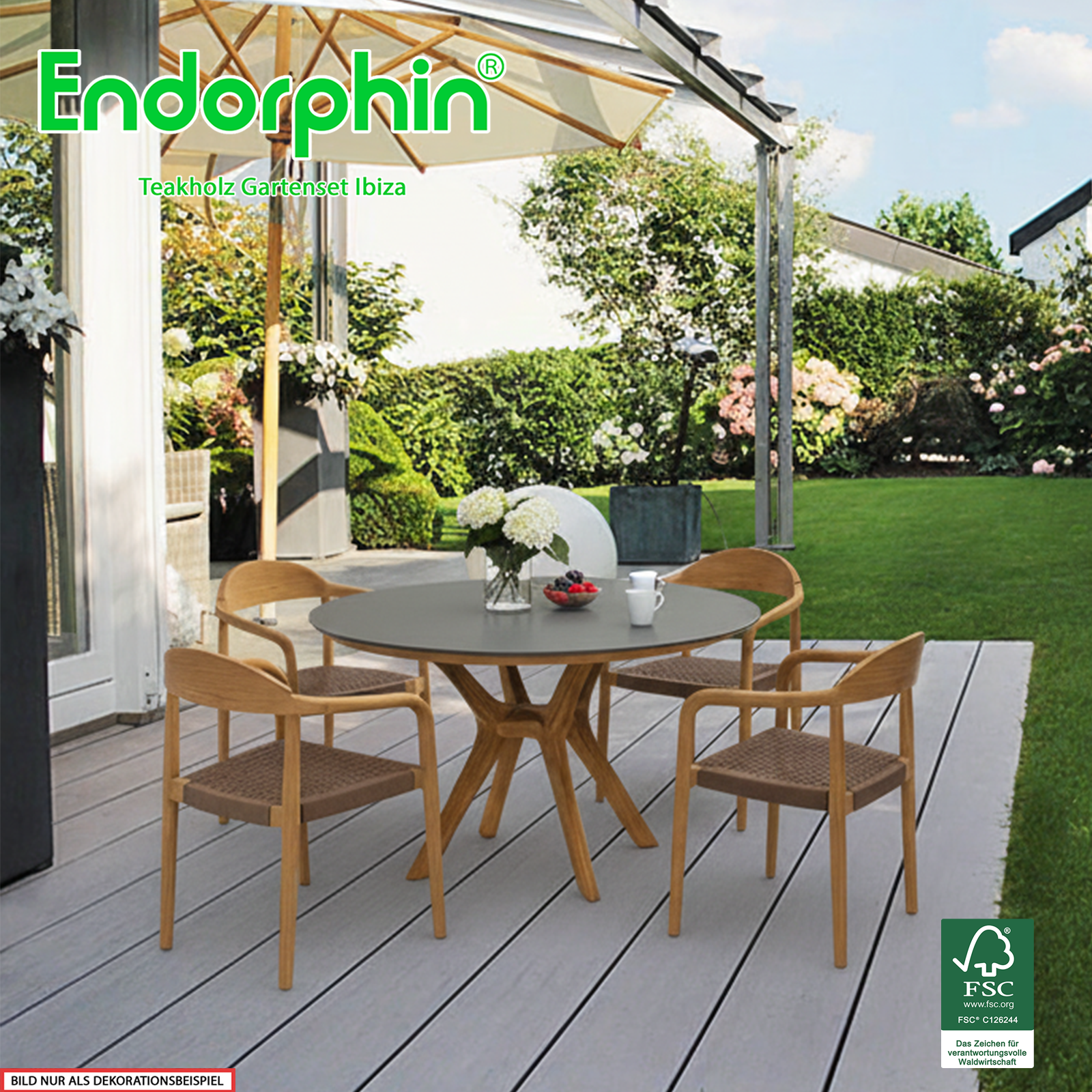 Endorphin Ibiza hochwertiges Teak Gartenset mit Keramik-Tischplatte, rund Ø120 cm 4 Stühle Gartenmöbel