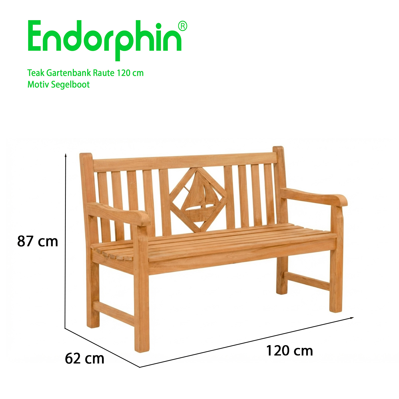 Endorphin Premium Teak Gartenbank 120 cm „Modell Raute“ mit Motiv Segelboot