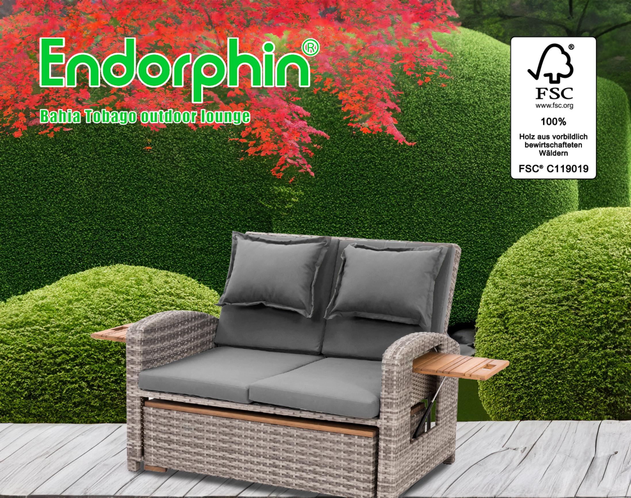 Endorphin Gartensofa Bahia Tobago mit Teakholzteilen, Gartenmöbel,  – Vielseitige Multifunktionsliege für Garten & Terrasse, outdoor lounge – garten lounge, 117 cm x 93 cm x 74 cm