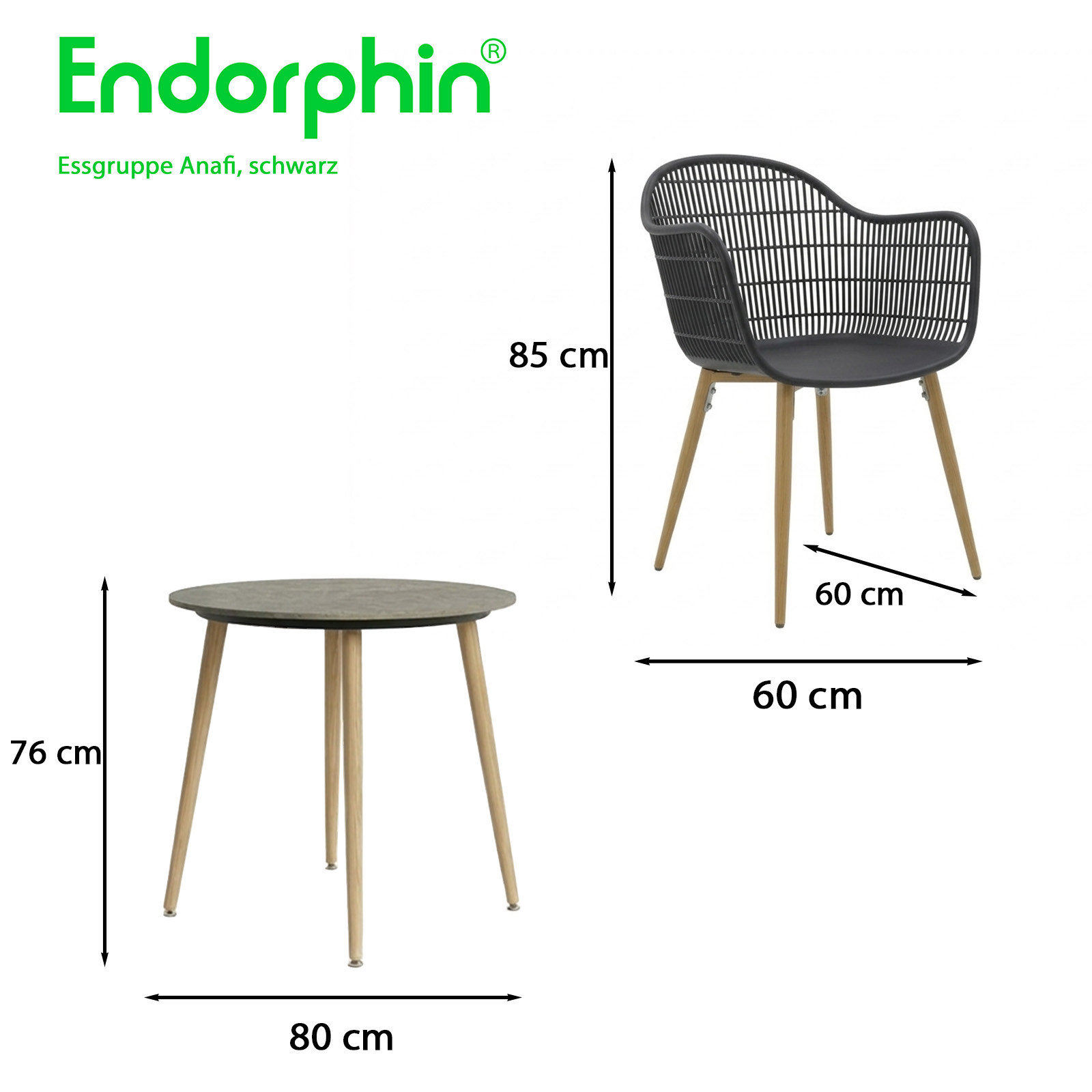 Endorphin Essgruppe Anafi – 5tlg, Gartenmöbel, schwarz-dunkelgrau